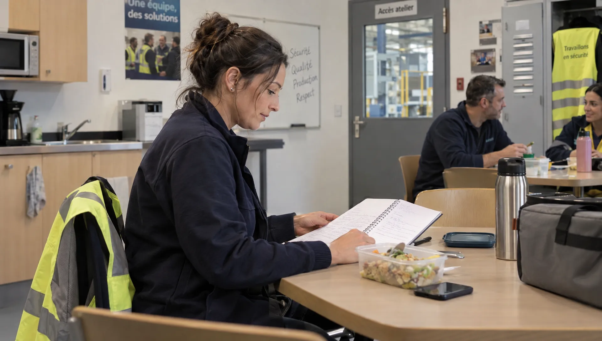 Une employée relit ses notes de transmission dans la salle de pause après une journée de travail.