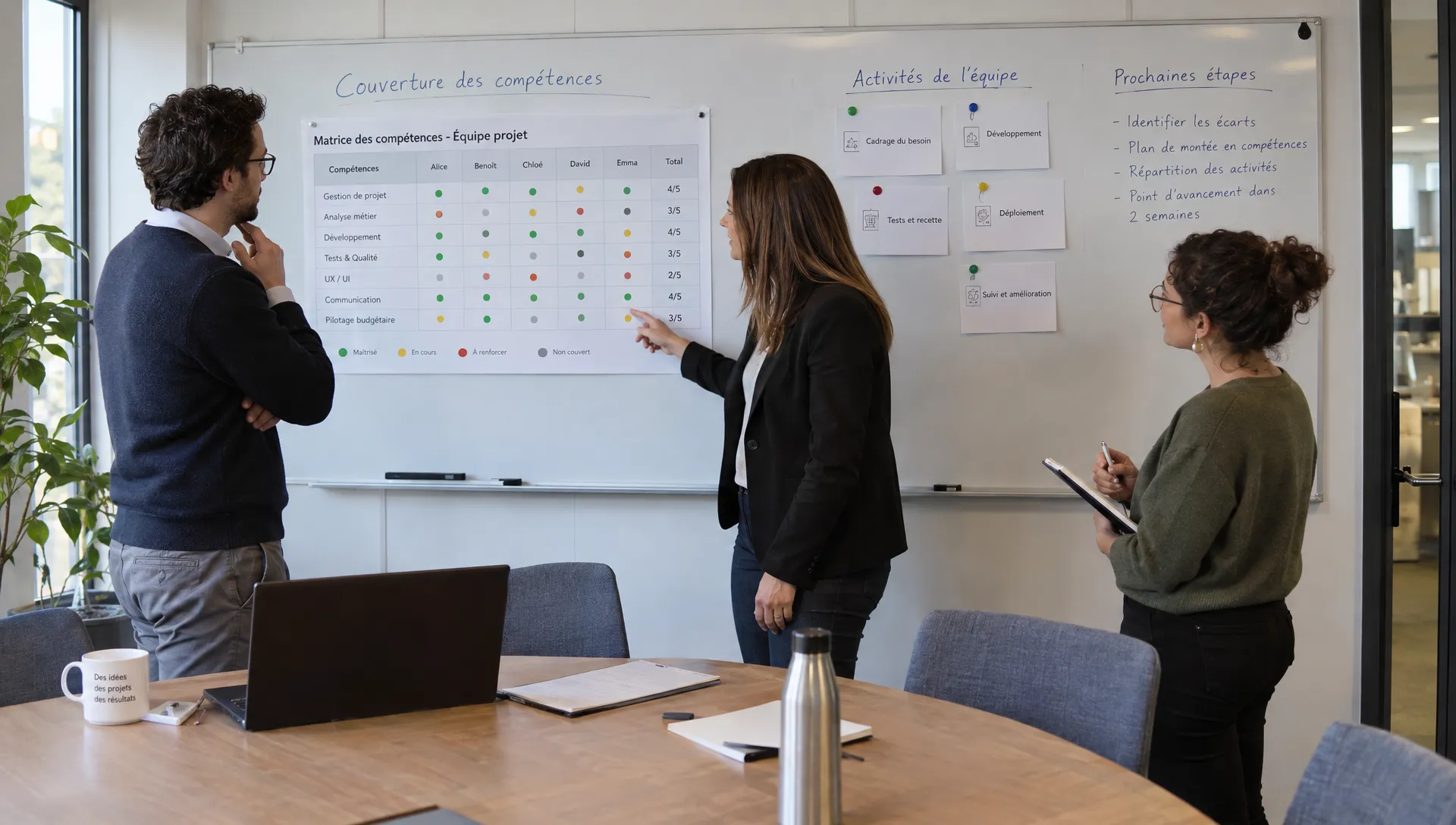 Trois collègues examinent une matrice de compétences pour repérer les savoir-faire à transmettre au sein de leur organisation.