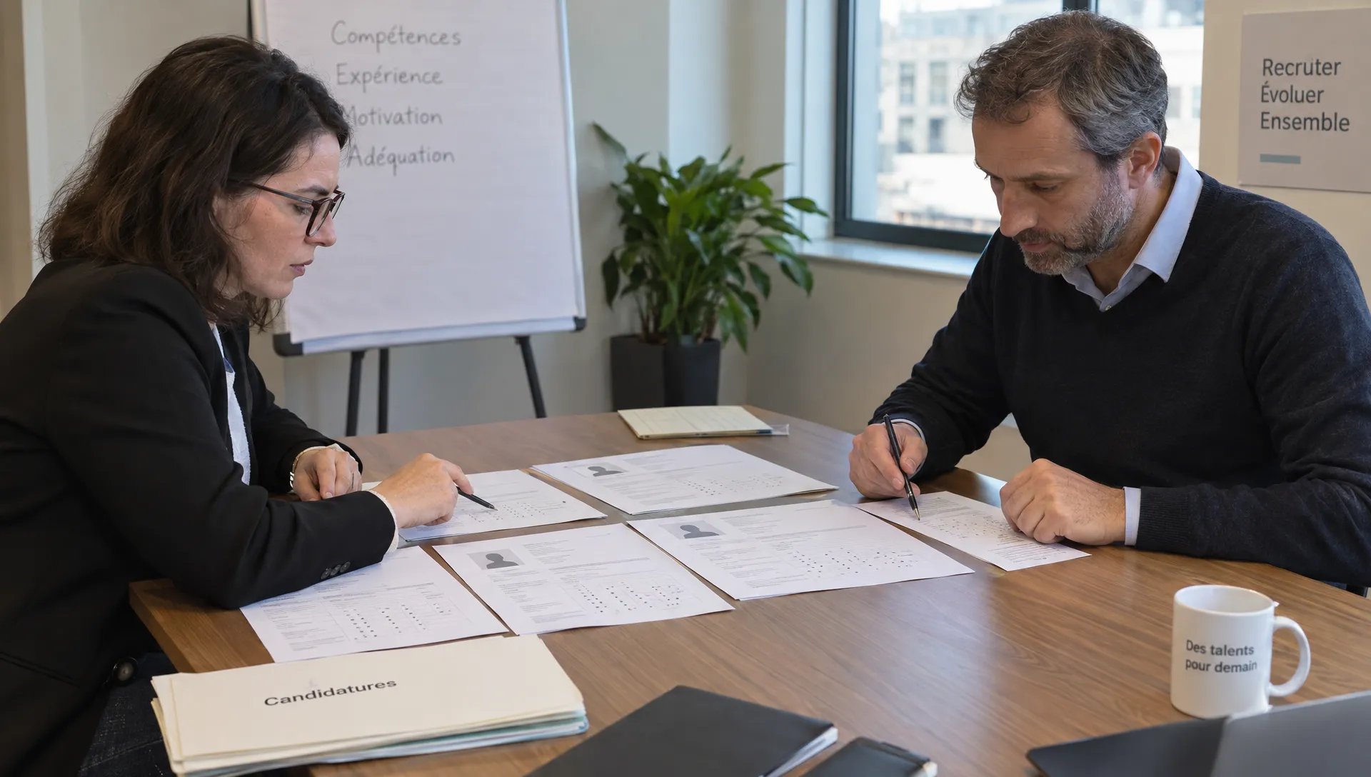 Deux recruteurs comparent des fiches anonymisées et des observations consignées pour appliquer les mêmes critères de processus de sélection.