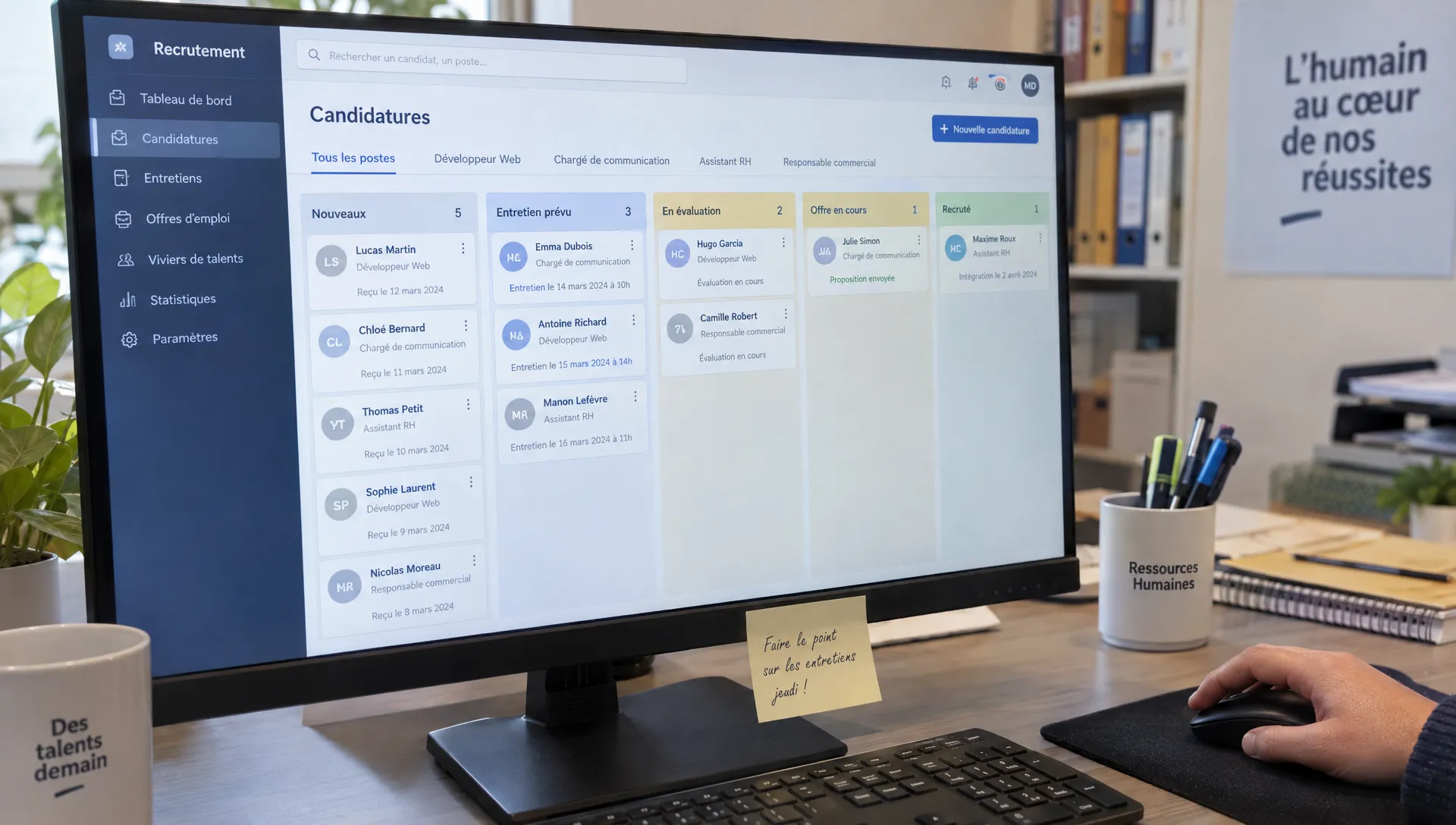 Un écran de bureau affiche des candidatures réparties entre les étapes d’un processus de recrutement en PME.