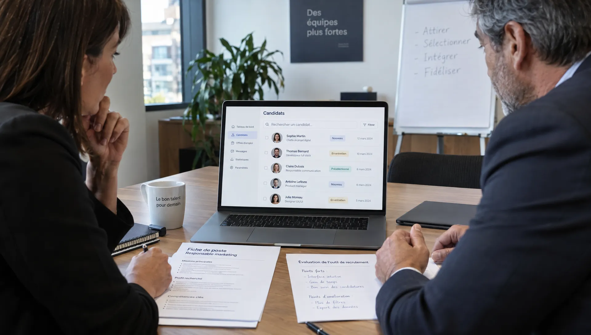 Une responsable RH et un dirigeant consultent des profils fictifs sur un logiciel de recrutement pour leur PME.