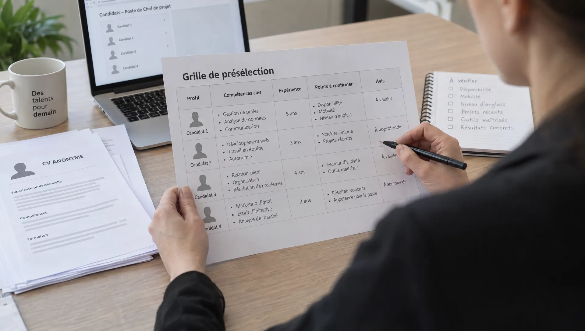 Un recruteur examine une grille papier de présélection avec des CV anonymisés et relève les informations à confirmer avant l’entretien.