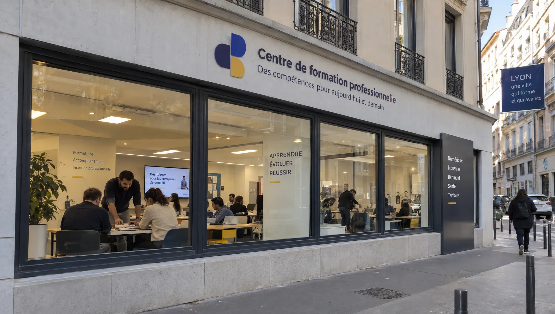 Une salle de formation professionnelle à Lyon accueille des adultes qui travaillent en groupe sur des exercices pratiques.