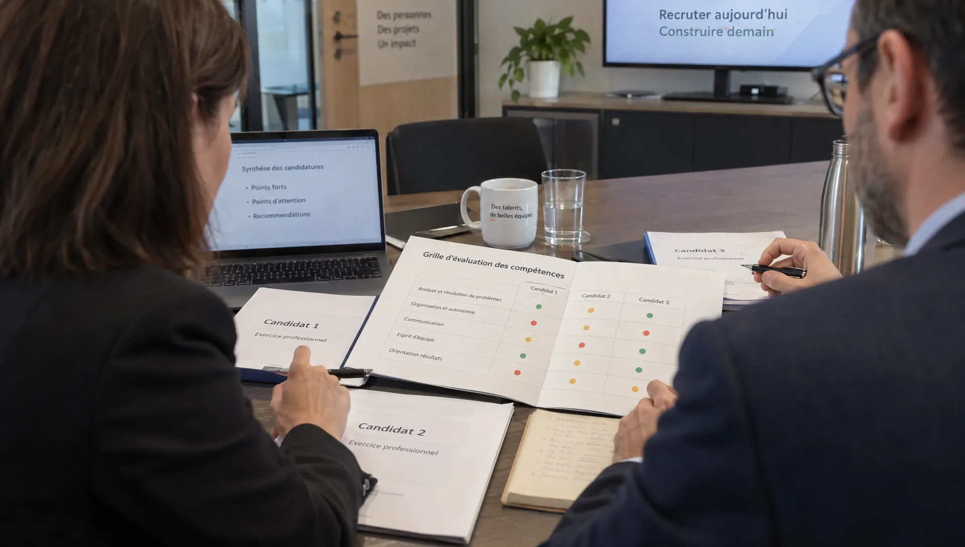 Une responsable RH et un manager comparent des réponses anonymisées à une grille de compétences pour recruter des talents à Lyon.