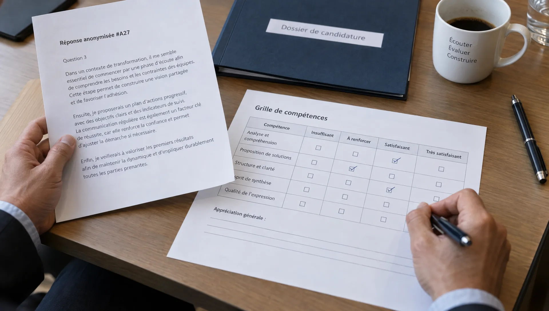 Des mains annotent une grille de compétences à partir d’une réponse écrite lors d’une évaluation de candidature.
