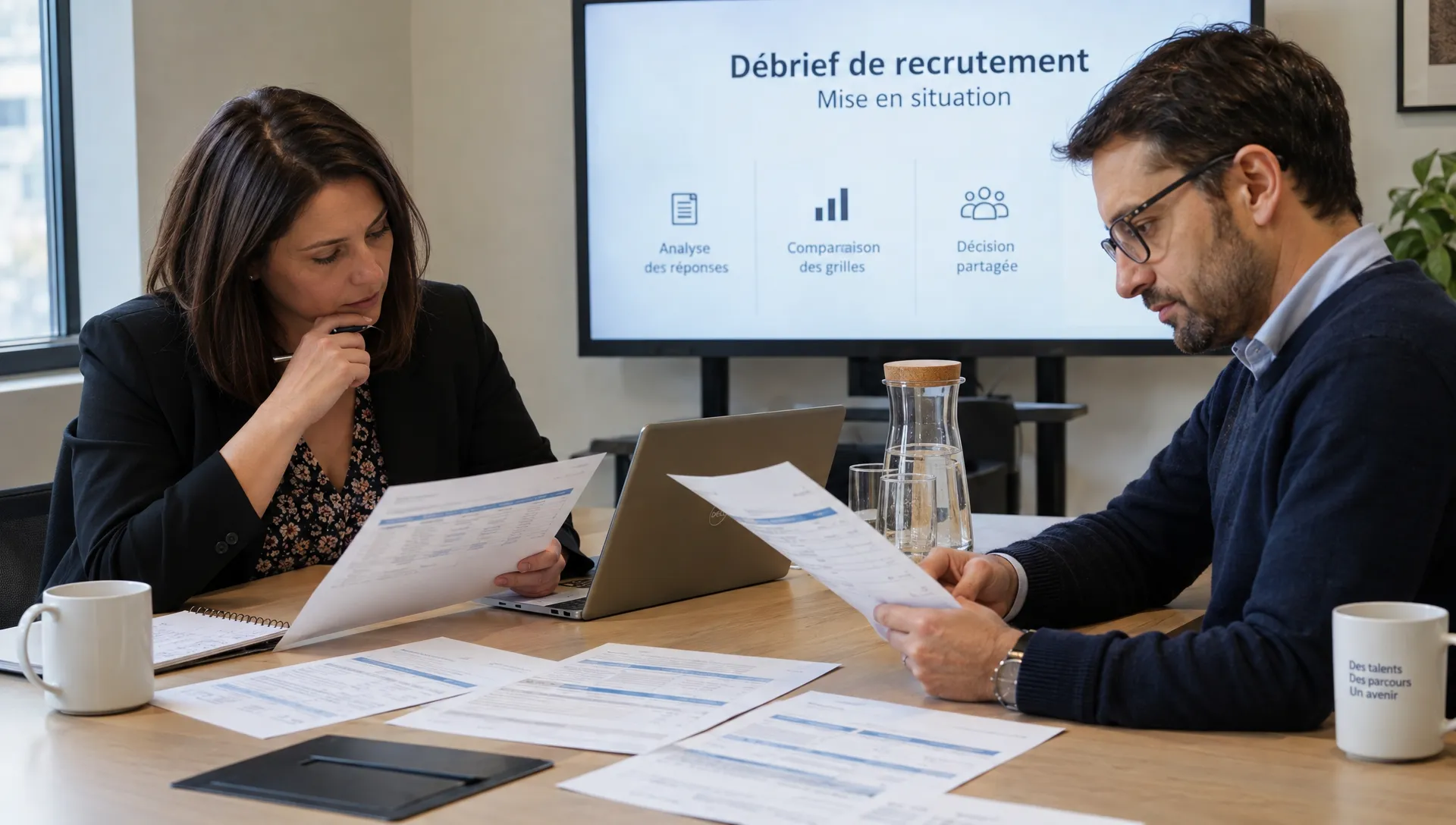 Une recruteuse et un responsable hiérarchique confrontent leurs grilles papier aux réponses anonymisées d’une mise en situation pendant un débrief de recrutement.