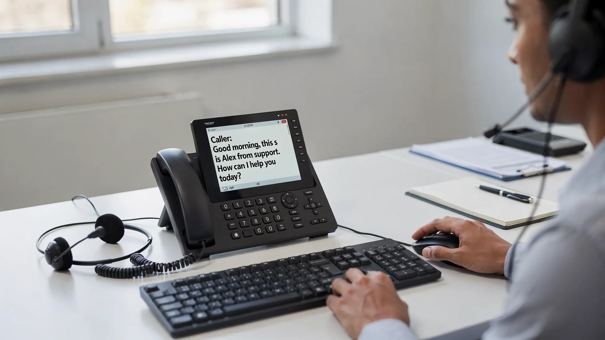 An accessible office desk setup with a captioned phone display facing the seated user, showing readable call captions during a business call, alongside a keyboard, headset, and standard workplace phone equipment.