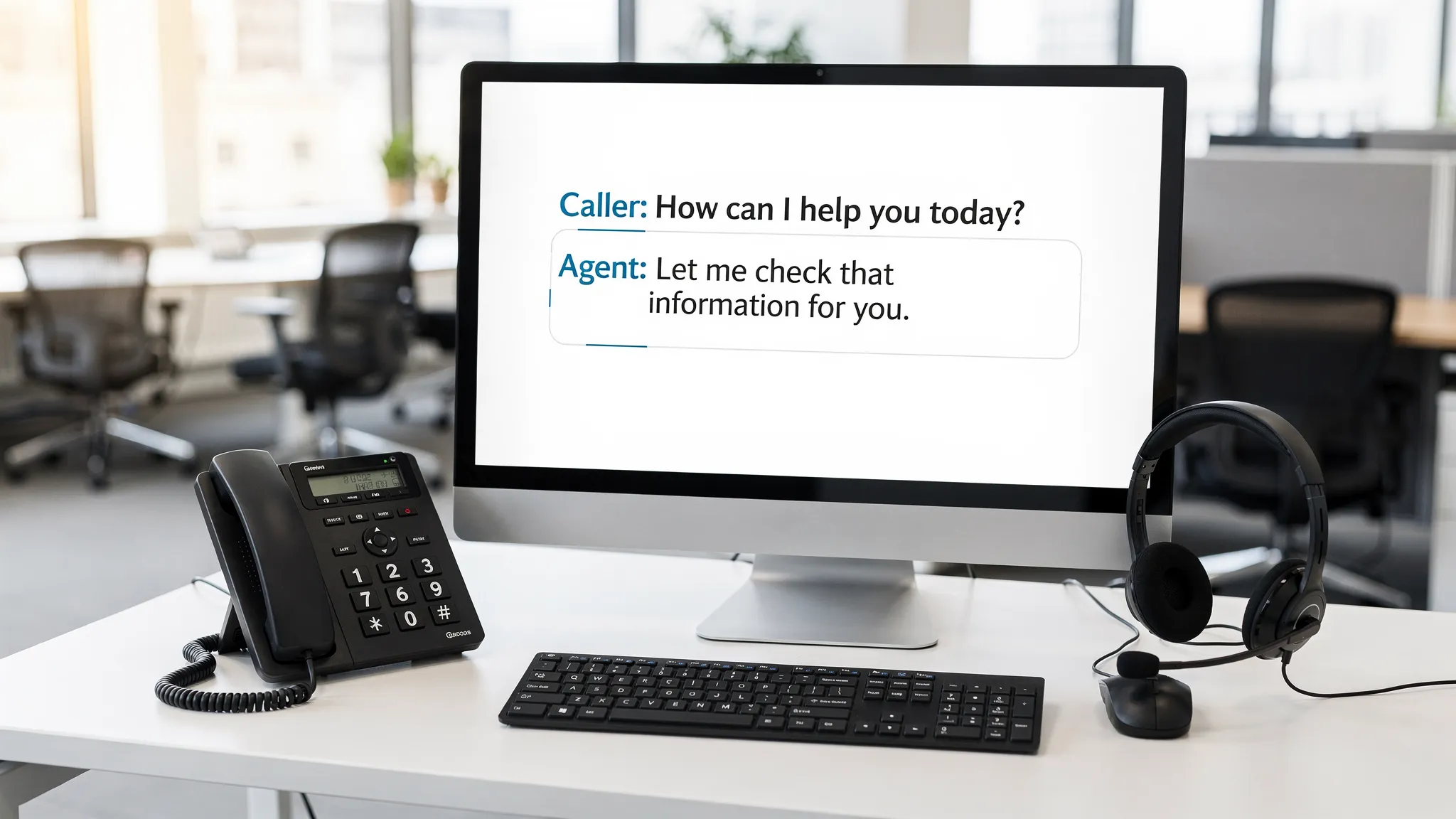 An accessible workplace communication setup with a desk phone, headset, keyboard, and a monitor facing the viewer showing simple call caption lines, with a quiet office background designed for inclusive phone conversations.