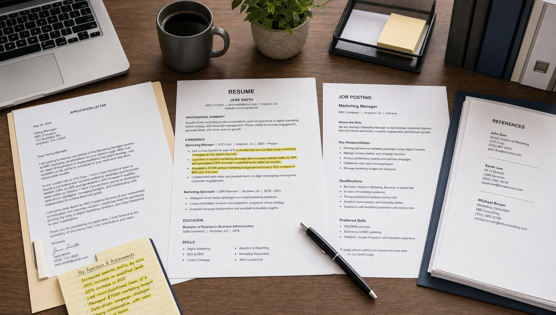 A professional desk with a printed application letter, resume, pen, and highlighted notes showing relevant work experience and achievements selected for a job application, arranged beside a job posting printout and a tidy folder of reference pages.