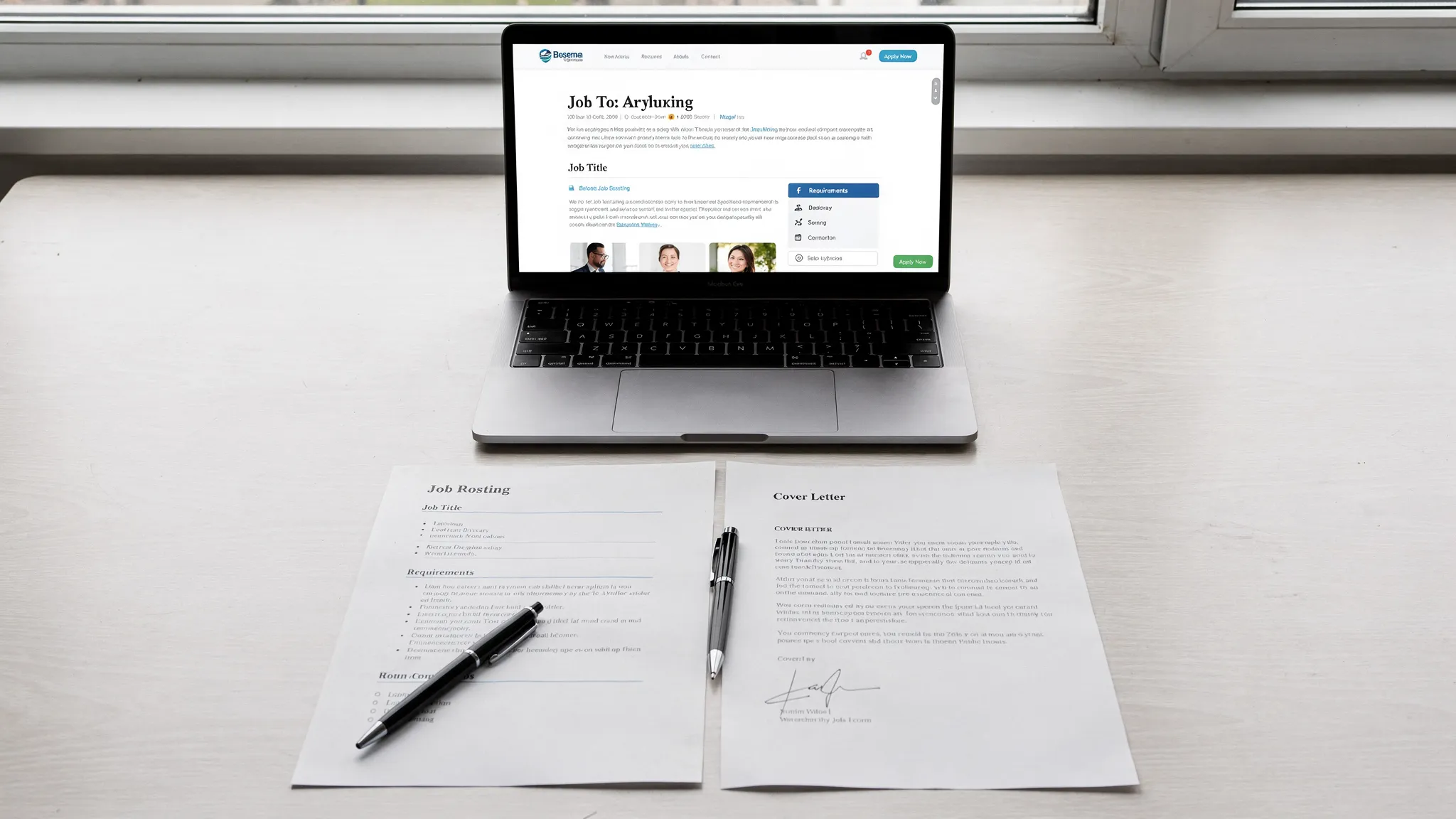 A desk with a resume, a short cover letter draft, a pen, and a laptop open to a job posting, showing an organized and calm job application process.