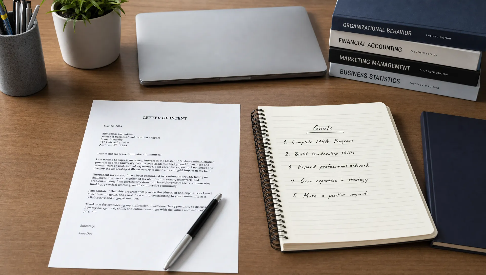 A neatly organized desk with a typed letter of intent, a pen, a notebook with goals written on it, and subtle work and school symbols such as a closed laptop and a stack of textbooks, viewed from slightly above on a tidy study table, no people visible.