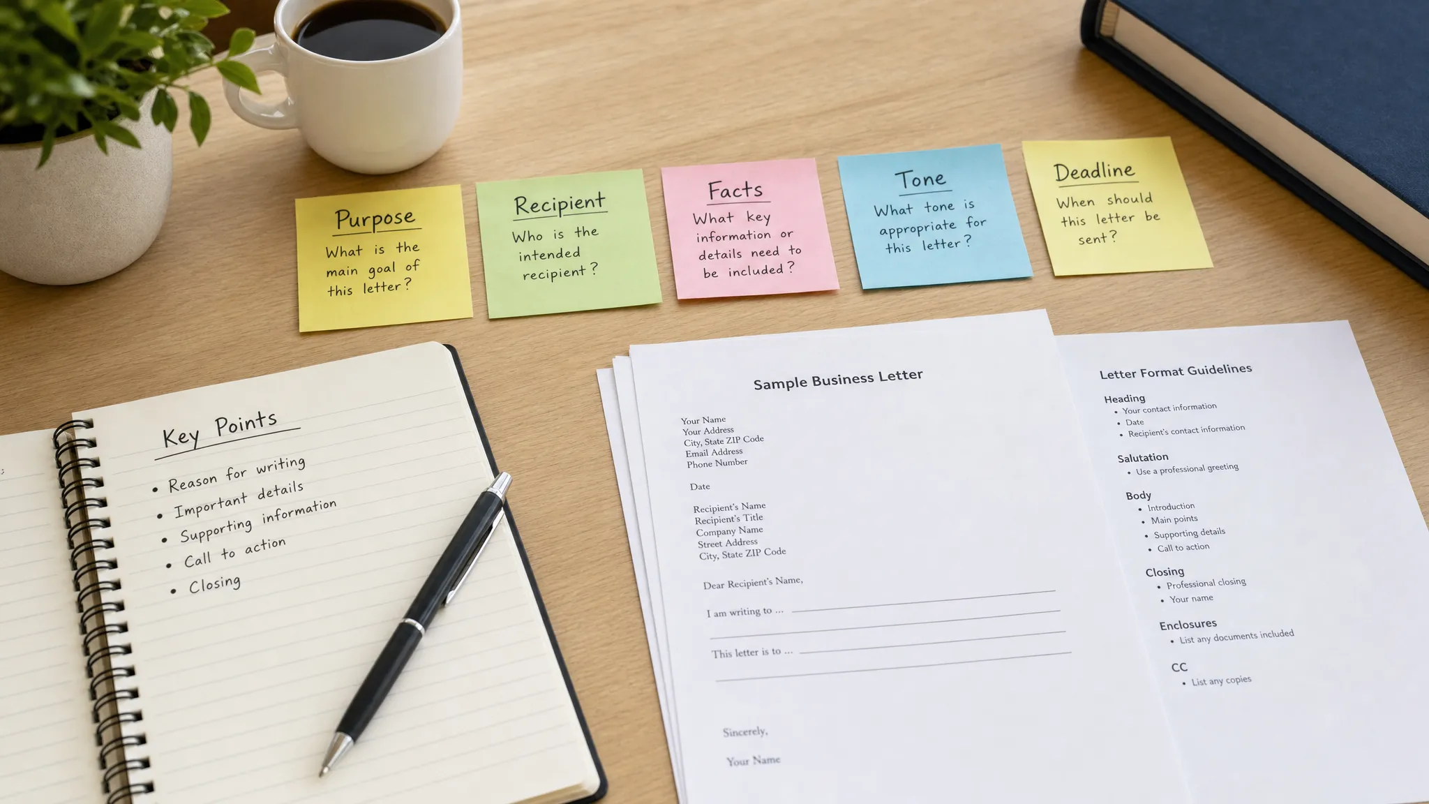 A neat desk with a notebook, pen, printed documents, and sticky notes labeled purpose, recipient, facts, tone, and deadline, showing a simple preparation process before drafting a professional letter.