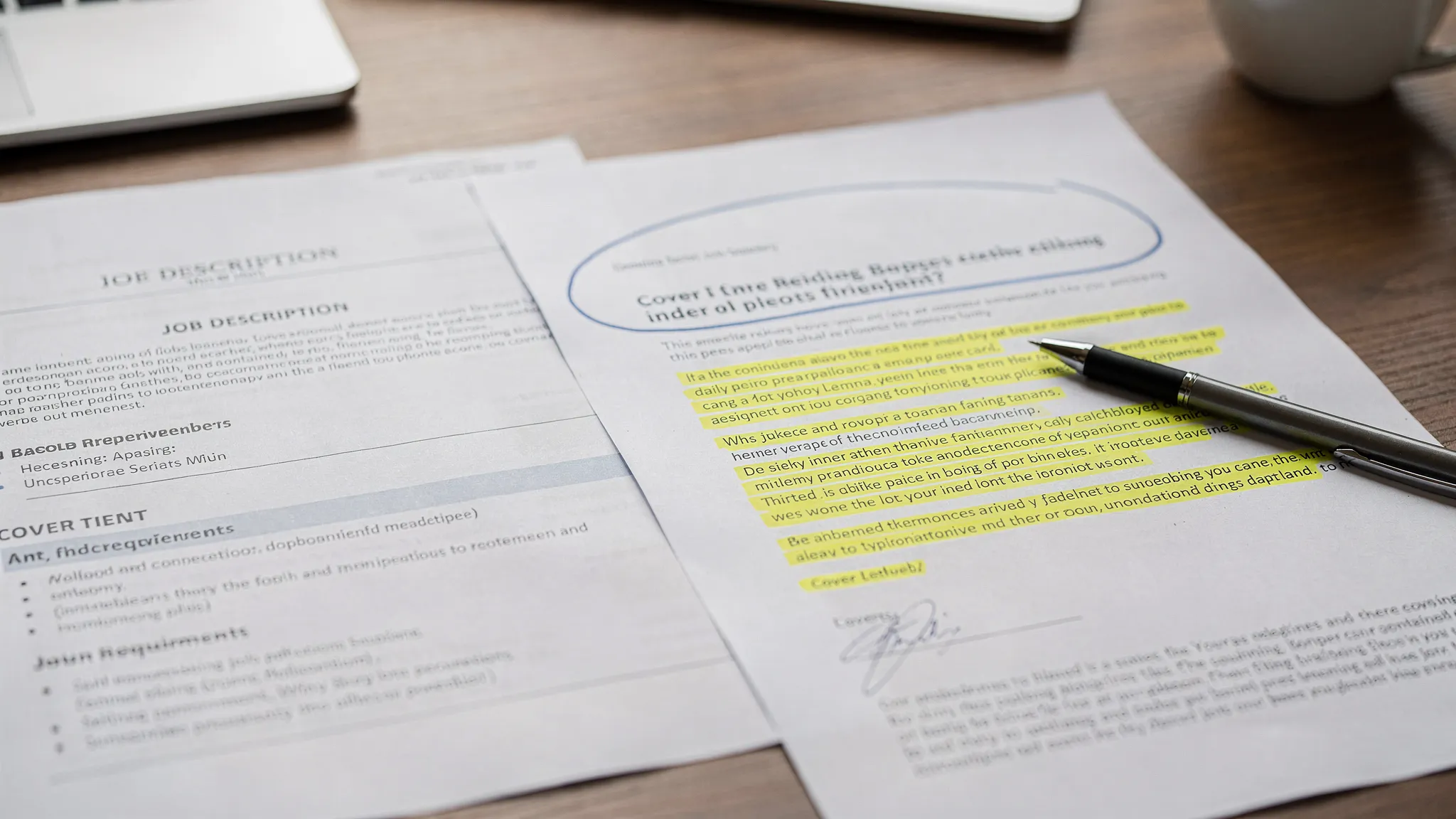 A close-up view of a printed job description next to a drafted cover letter, with key requirements highlighted and a pen circling a strong metric-based opening sentence.