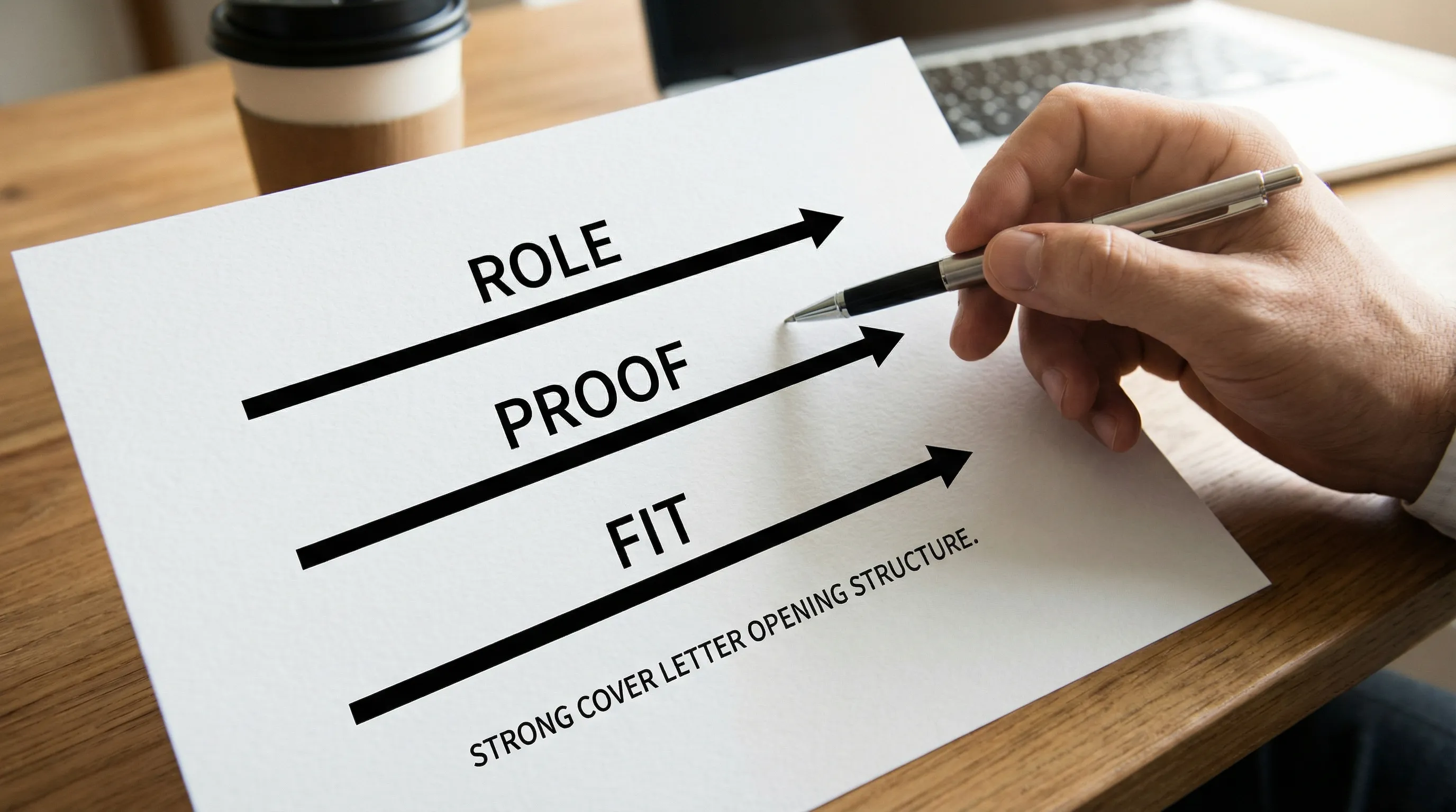 A simple visual showing three stacked lines labeled Role, Proof, and Fit, illustrating the structure of a strong cover letter opening.