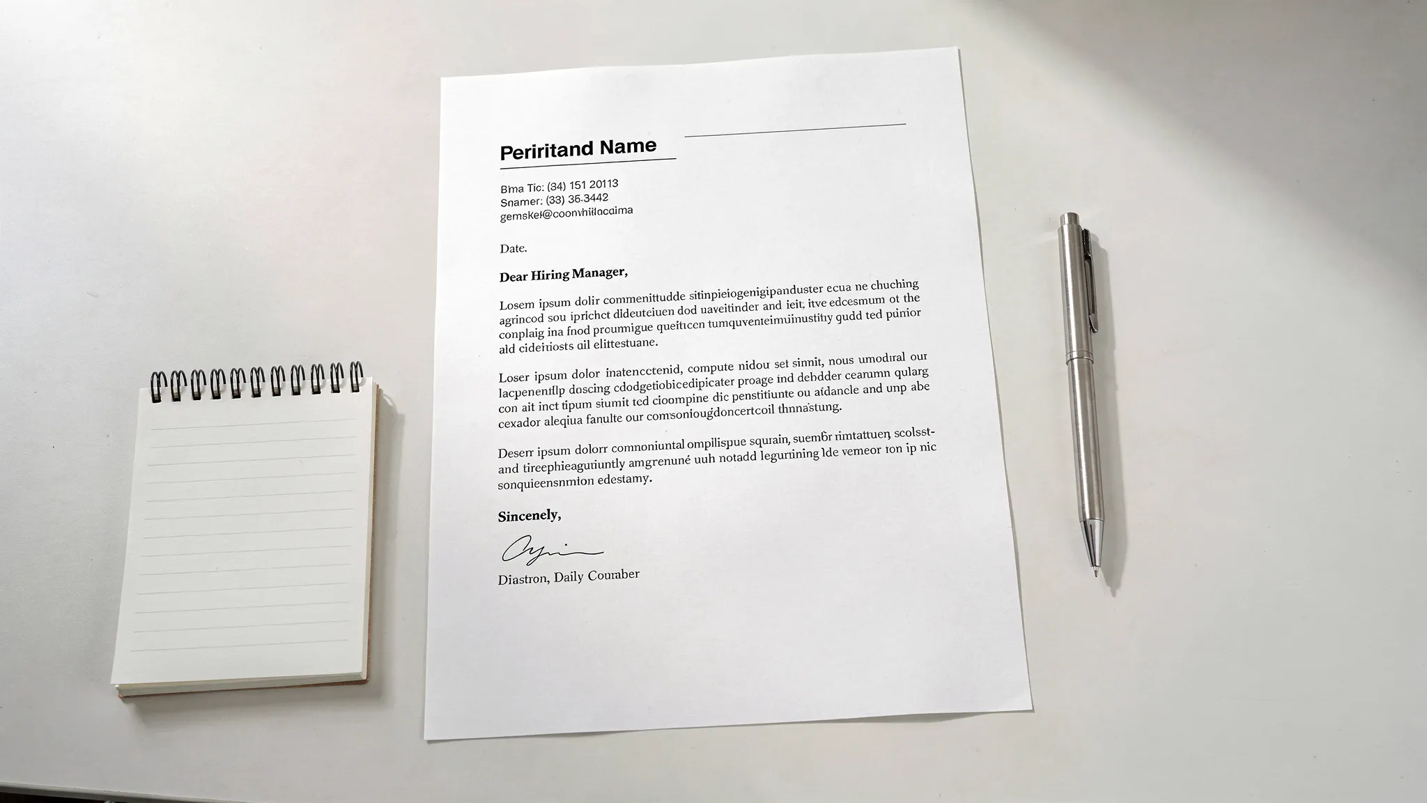A clean, printed cover letter on a desk with a pen and notepad, showing clear sections (header, greeting, three short paragraphs, closing) and generous white space for easy scanning.