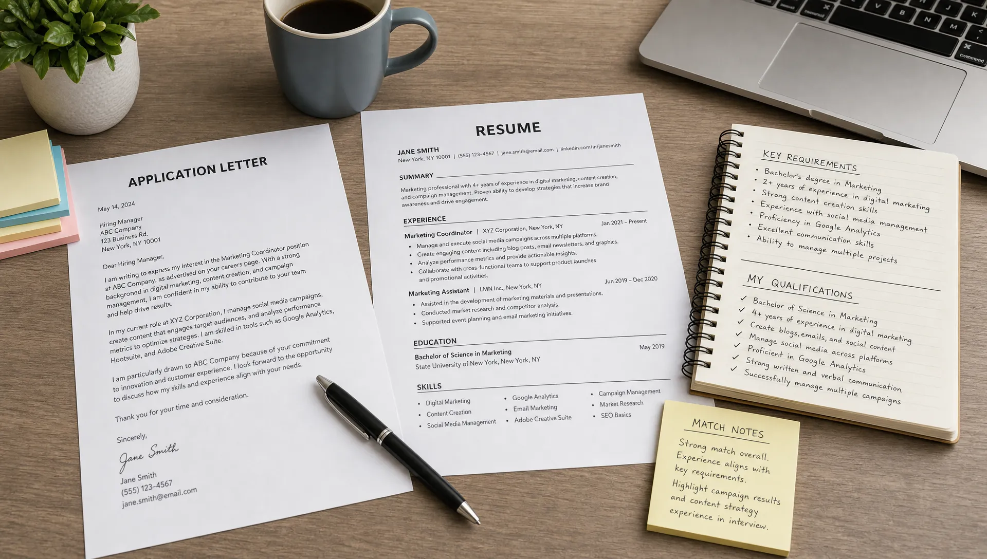 A tidy desk with a printed application letter, a resume, a pen, and neatly arranged notes showing key requirements and matching qualifications.