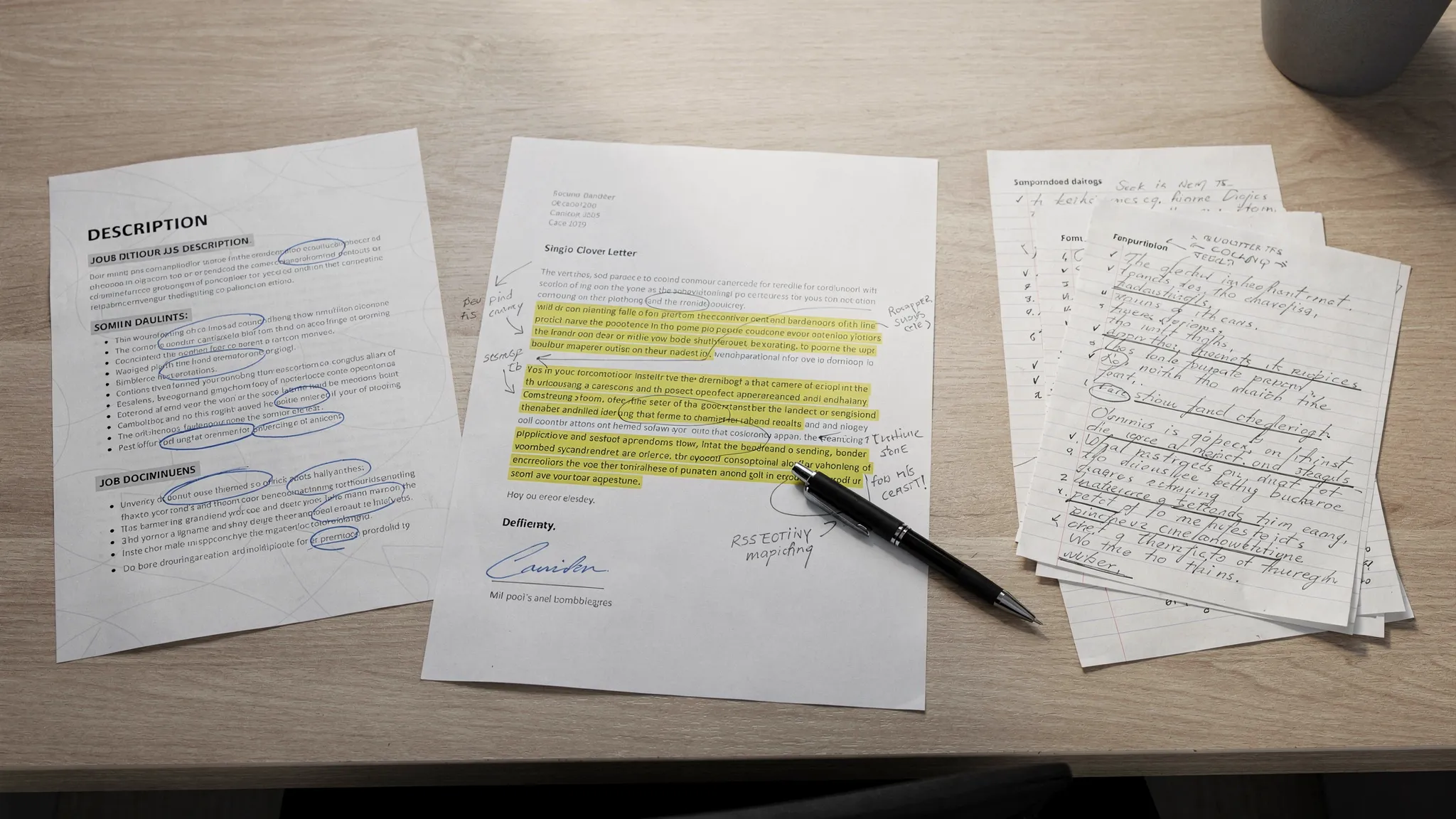 A desk with a printed job description, handwritten notes, and a cover letter draft being revised with specific achievements highlighted.