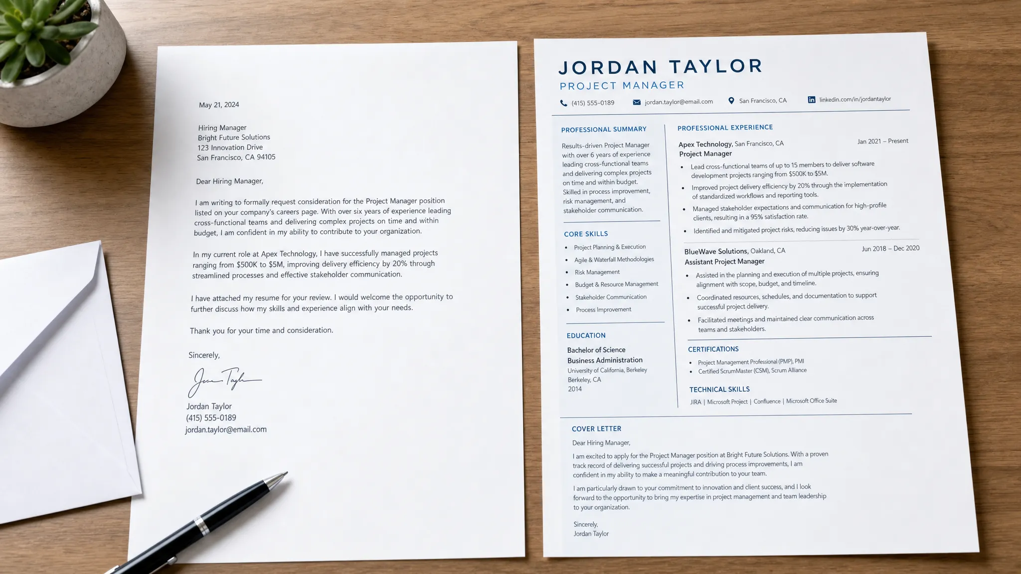 Two formal documents arranged side by side on a desk, one showing a structured business letter with address lines and a clear request, the other placed beside a resume with highlighted career details and a polished introductory letter, with an envelope and pen nearby.
