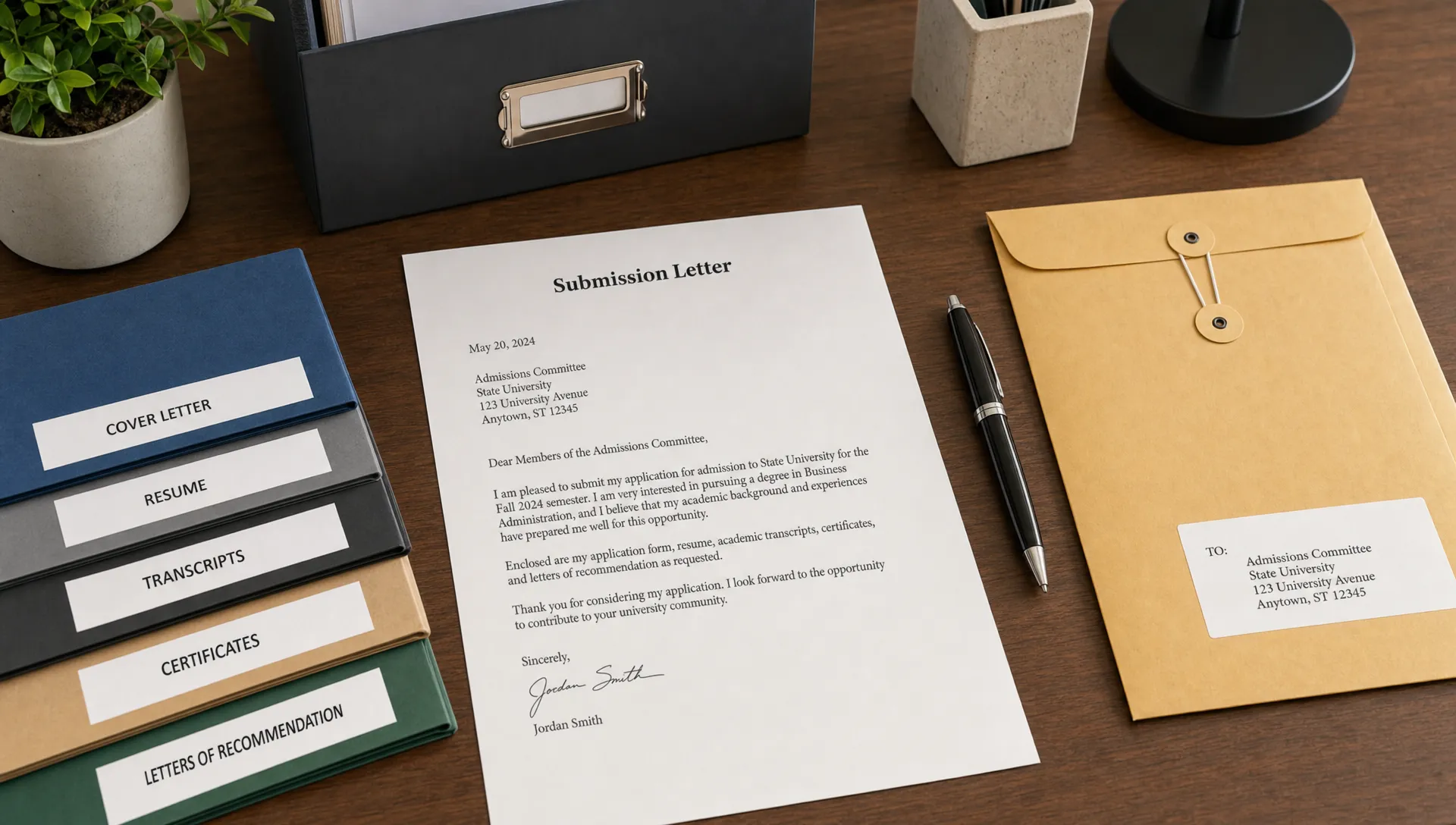 A neatly organized desk with a printed submission letter, labeled document folders, a pen, and a sealed envelope prepared for formal delivery.