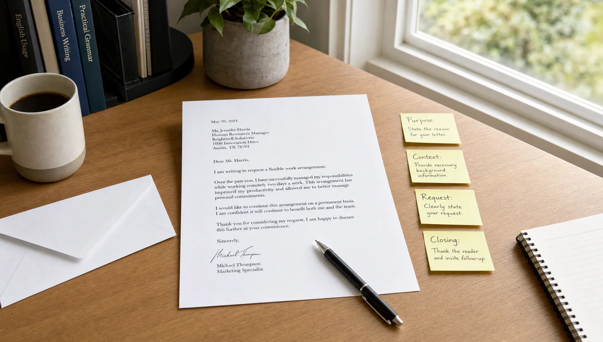 A clean desk with a printed letter, pen, envelope, and sticky notes showing sections like purpose, context, request, and closing arranged beside a window in a compact writing setup.