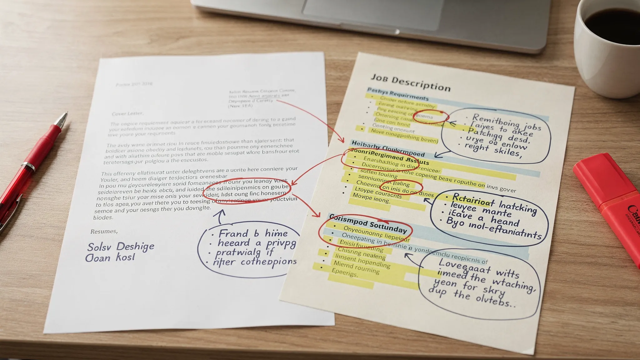 A printed cover letter beside a highlighted job description and resume, with key job requirements circled and matching achievements noted in the margins.