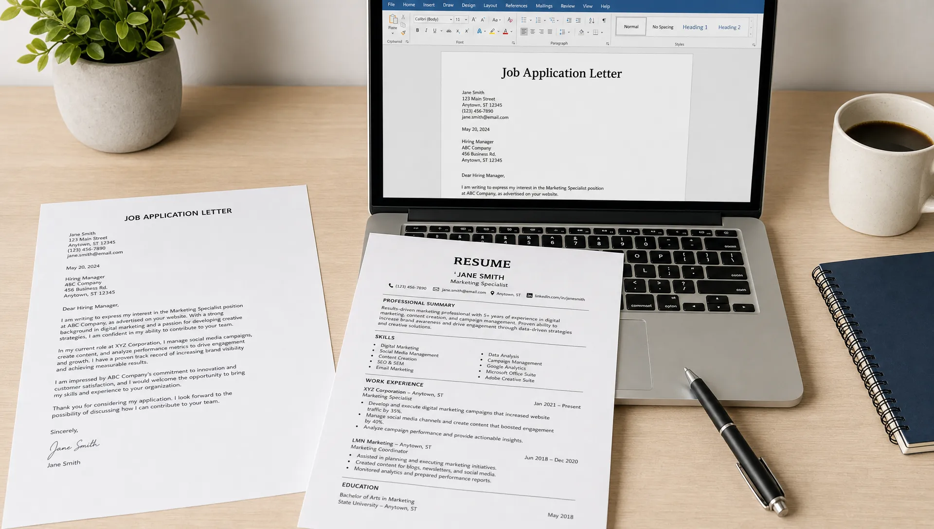 A neat desk with a printed job application letter, a resume, a pen, and a laptop showing a simple document layout on the screen facing the reader, viewed from a slightly higher angle with the documents spread out clearly.
