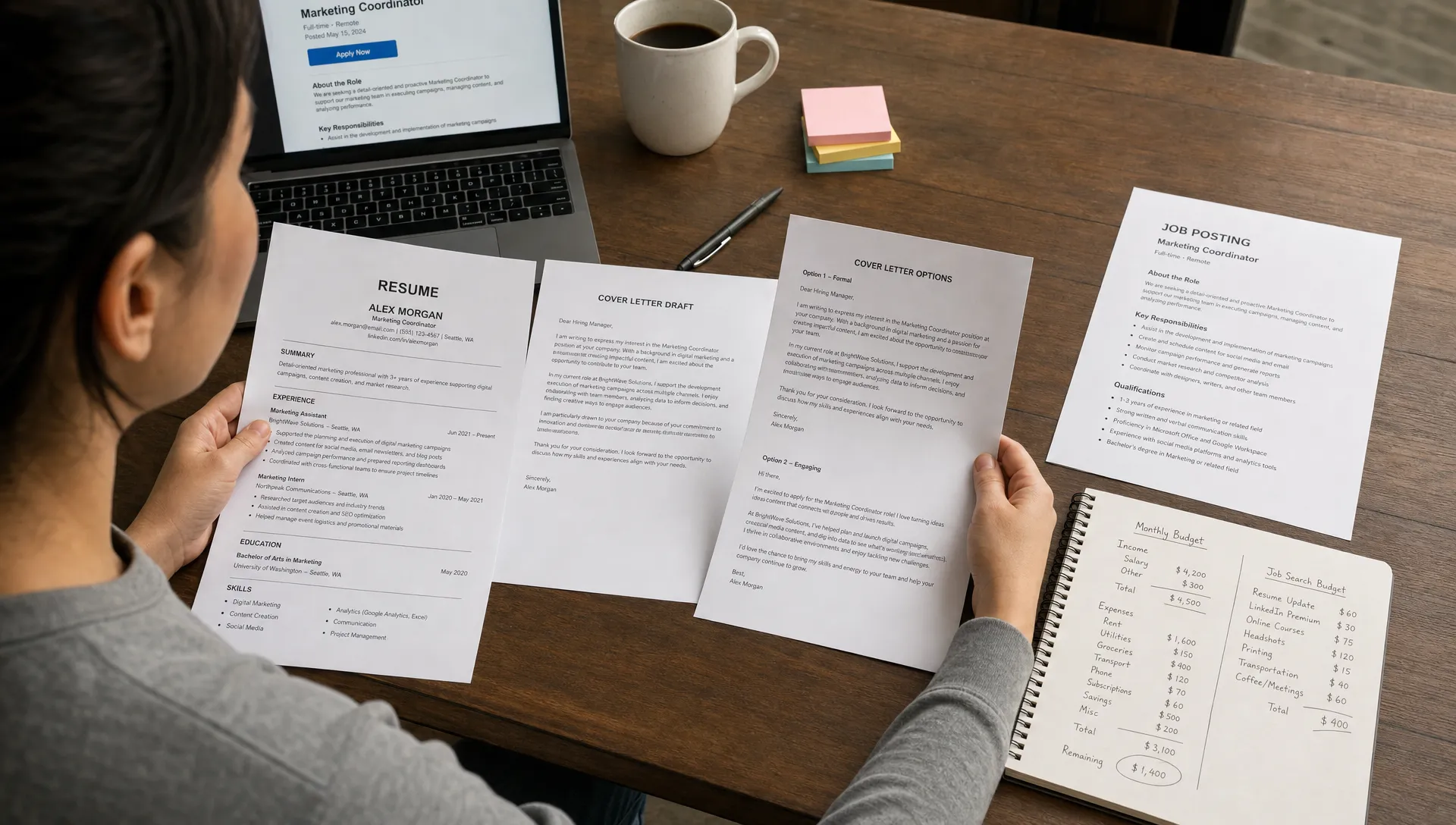 A job seeker reviews a printed resume, a cover letter draft, a job posting, and handwritten budget notes spread across a desk while comparing different cover writing options.