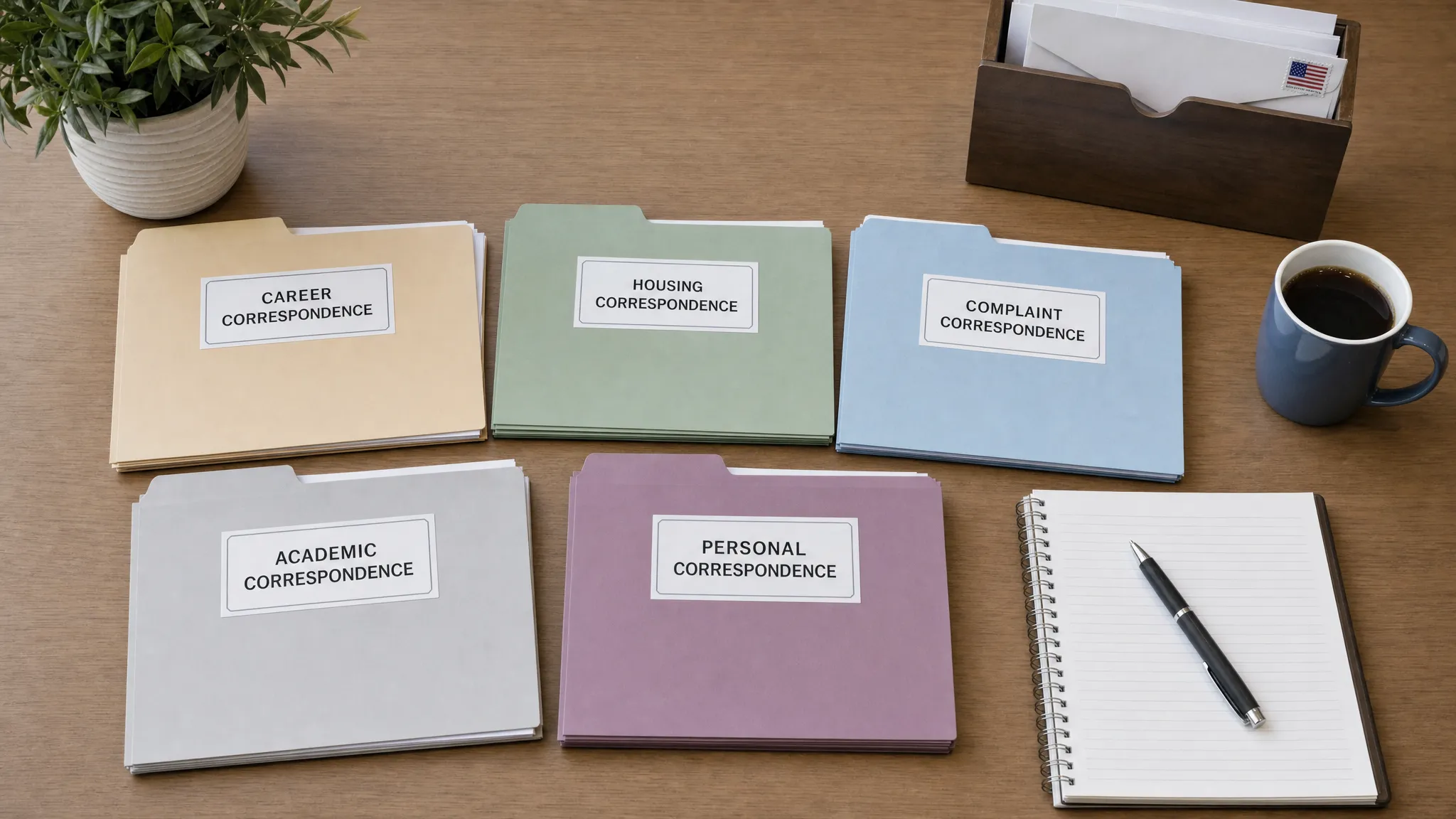 A neat tabletop layout of labeled letter folders for career, housing, complaint, academic, and personal correspondence, with a pen and notebook placed beside them.