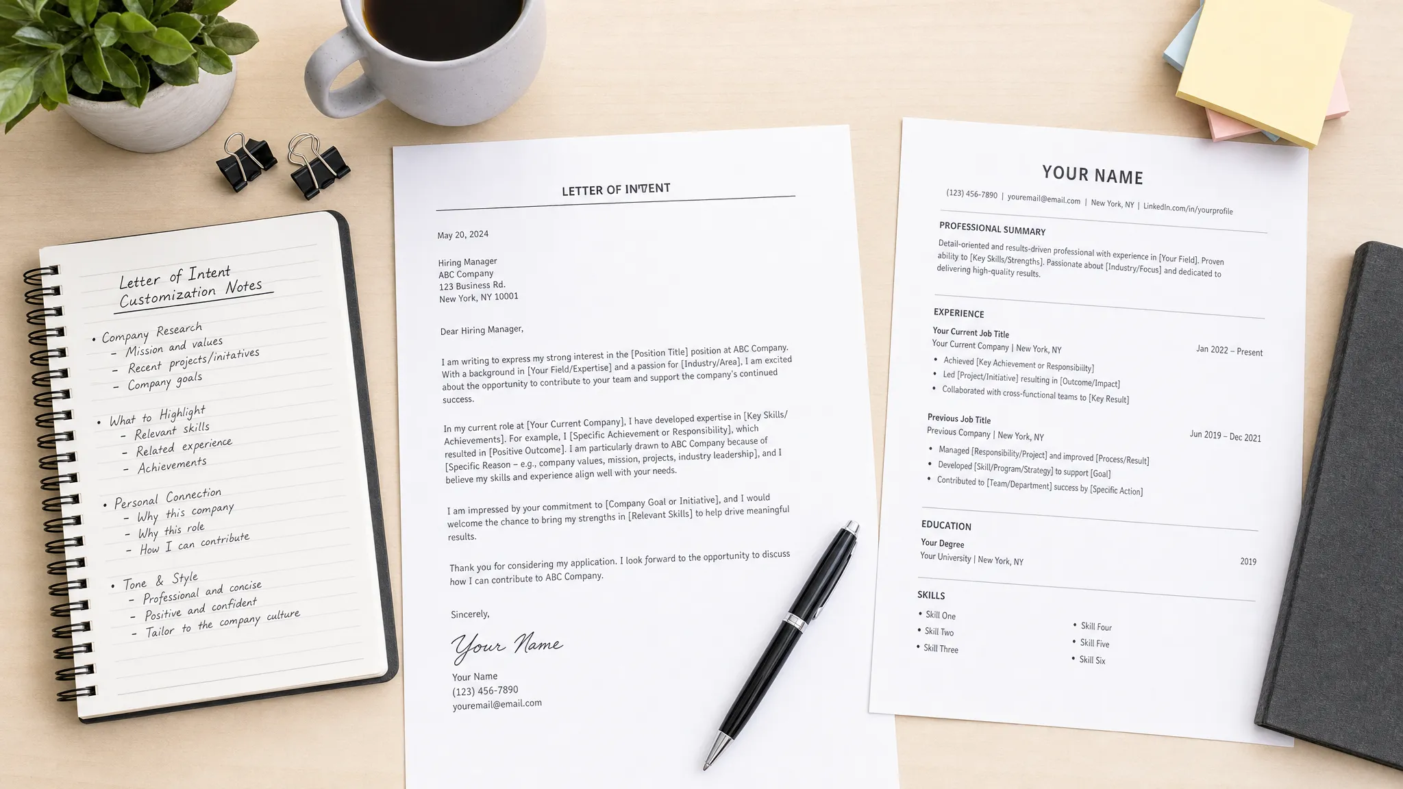 A professional desk setup with a printed job application letter, resume, pen, and neatly organized notes for customizing a letter of intent, viewed from above on a clean table.