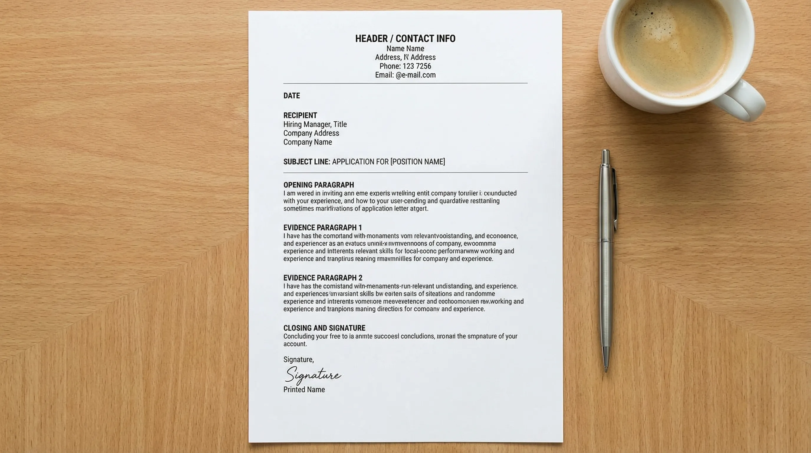 A clean, professional one-page application letter layout with labeled sections: header/contact info, date, recipient, subject line, opening paragraph, two evidence paragraphs, closing and signature.