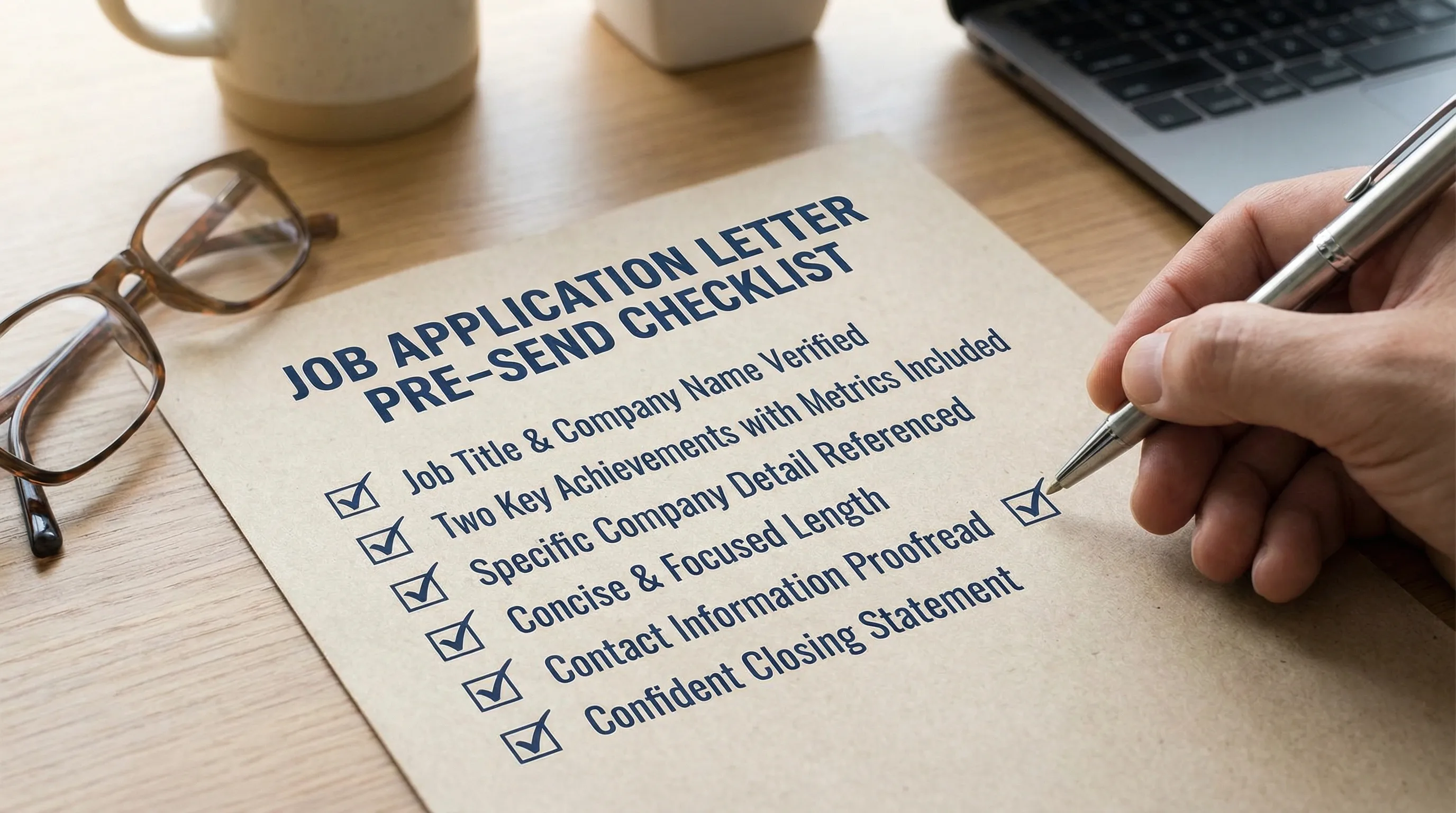 A simple pre-send checklist graphic for a job application letter: job title/company, two achievements with metrics, company-specific detail, concise length, proofread contact info, confident closing.