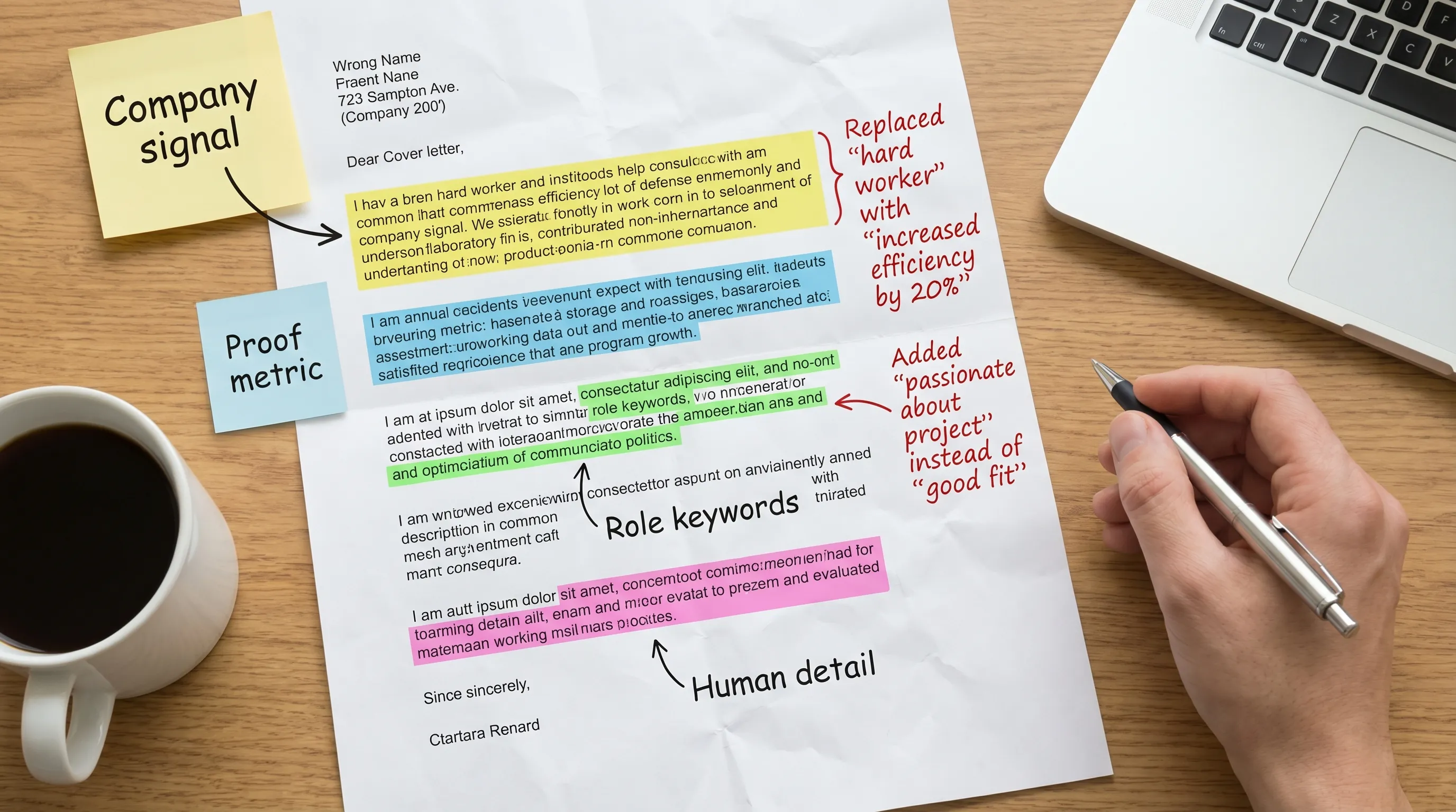 An annotated cover letter page showing highlighted sections labeled “Company signal,” “Proof metric,” “Role keywords,” and “Human detail,” with margin notes pointing out where generic phrases were replaced with specific evidence.