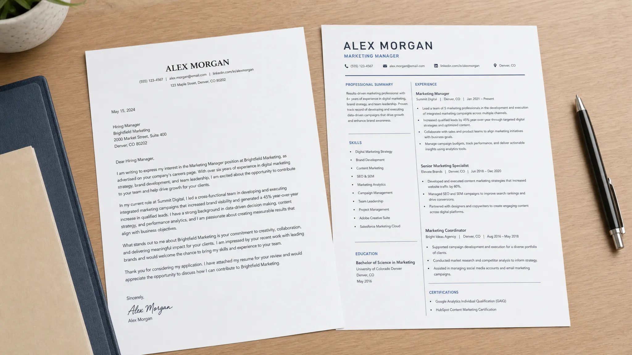 A clean one-page covering letter placed beside a resume on a desk, with a pen and a simple folder nearby, showing a polished job application package.