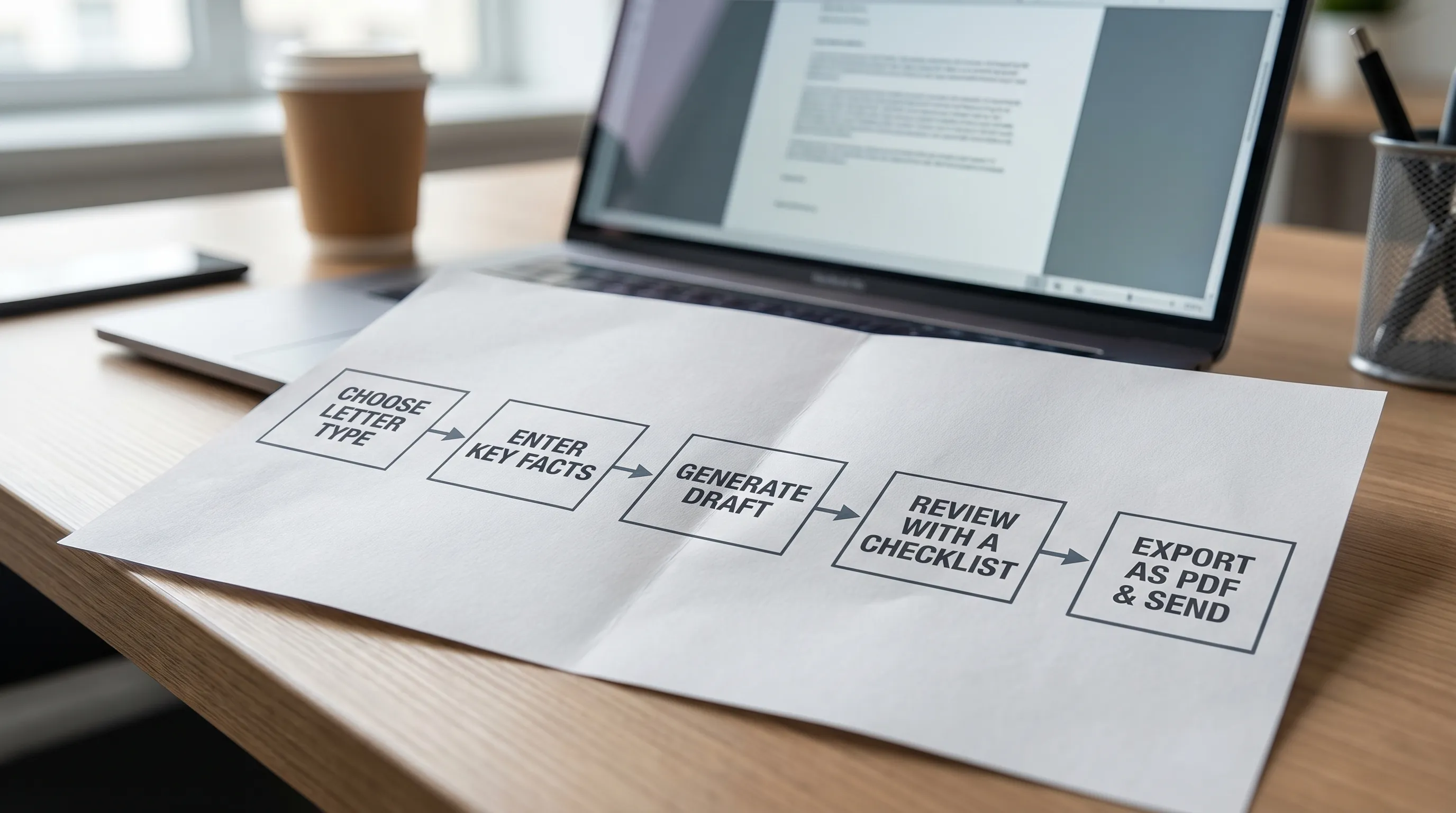 A simple workflow diagram showing: choose letter type, enter key facts, generate draft, review with a checklist, export as PDF, then send. The diagram should have five labeled boxes connected left to right.