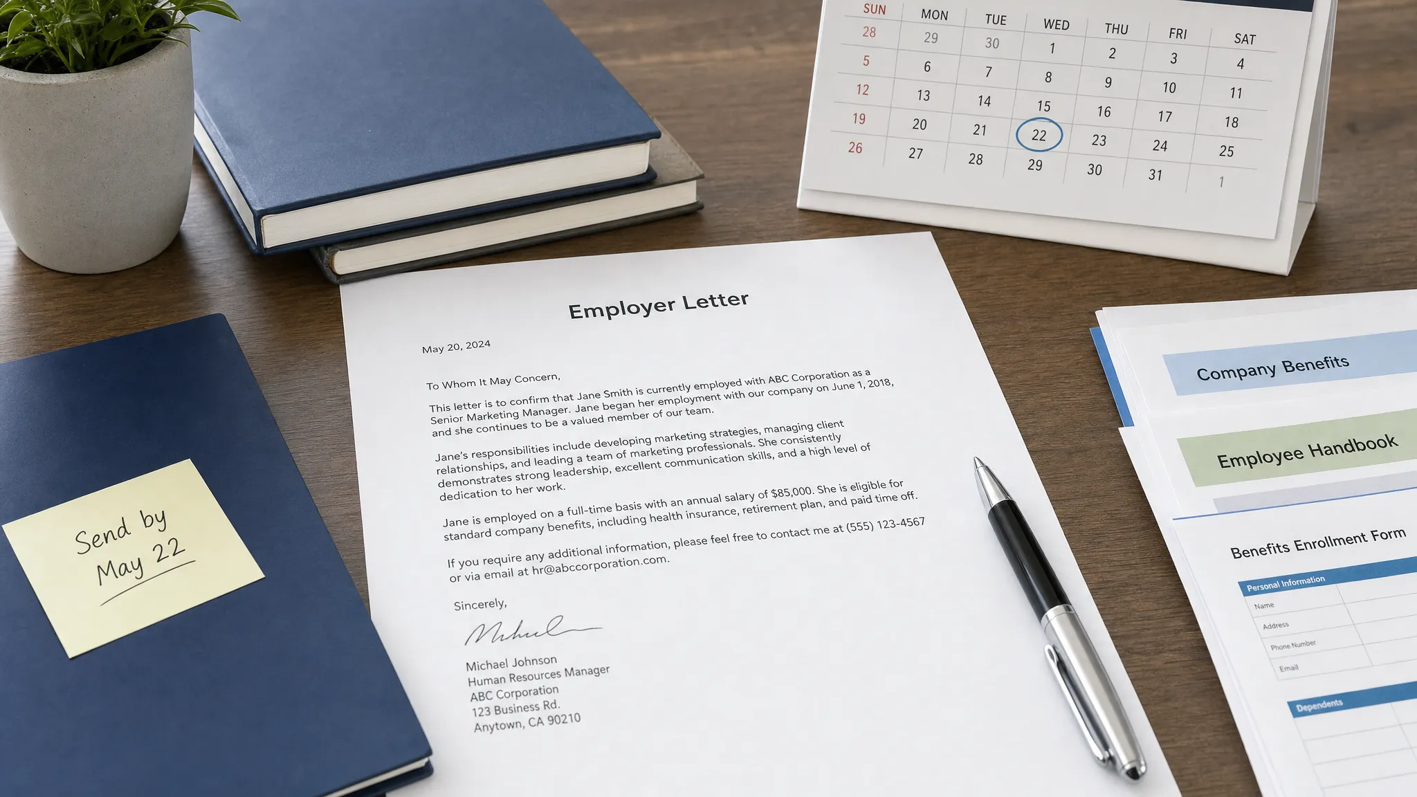 A professional workspace with a neatly written employer letter beside a pen, calendar, and organized documents, suggesting careful preparation before sending an important workplace message.