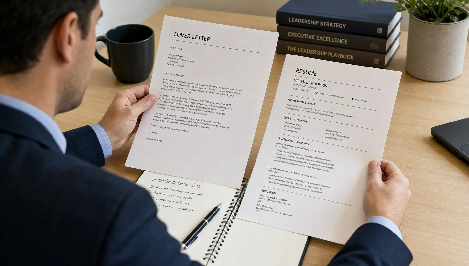 A manager reviews a printed cover letter, resume, and notes at a clean desk, with a pen beside the papers, suggesting preparation for a leadership job application.