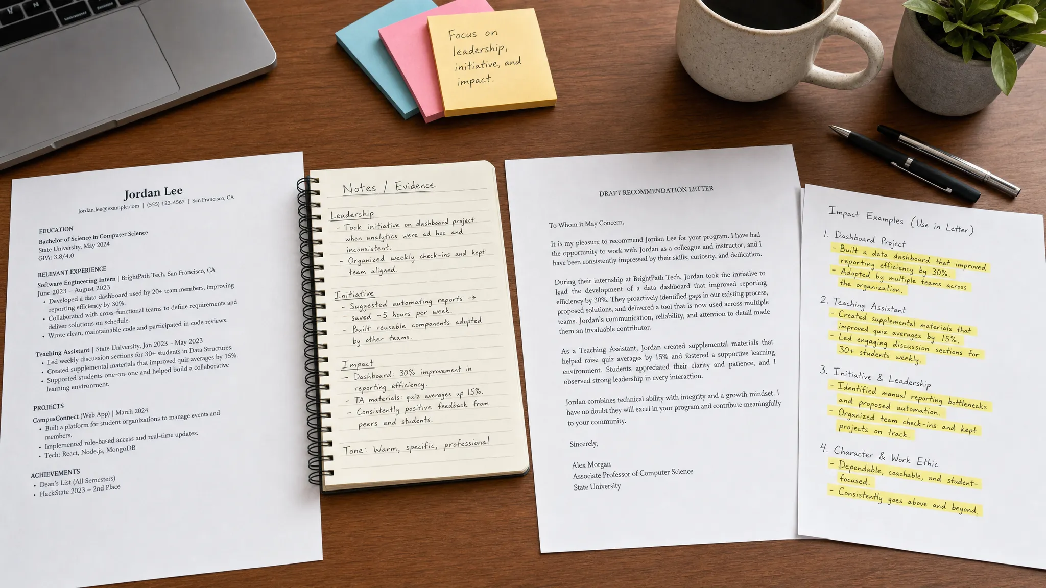 A tidy writing desk with a printed résumé, handwritten notes, a draft recommendation letter, and highlighted examples arranged to show how evidence becomes a polished letter.