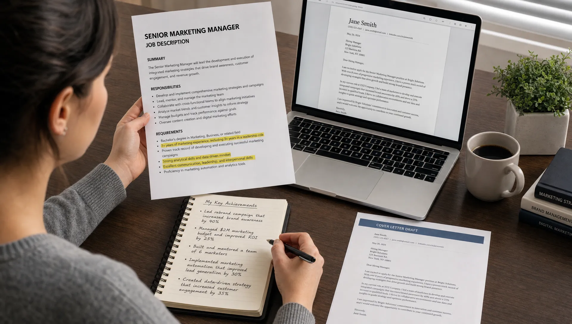 A focused job seeker reviews a printed job description beside a laptop, with highlighted role requirements, a notebook of achievement notes, and a polished cover letter draft on the desk.