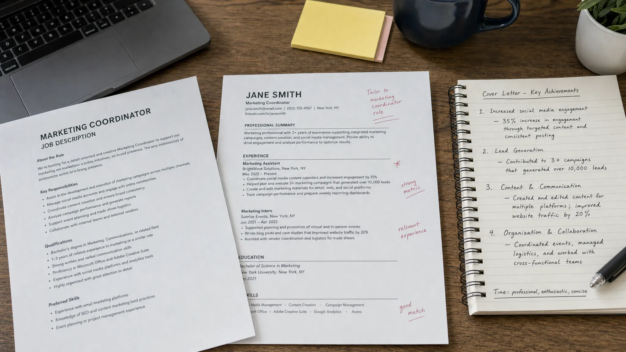 A desk with a printed job description, a marked-up resume, and handwritten notes organizing achievements before drafting a cover letter.