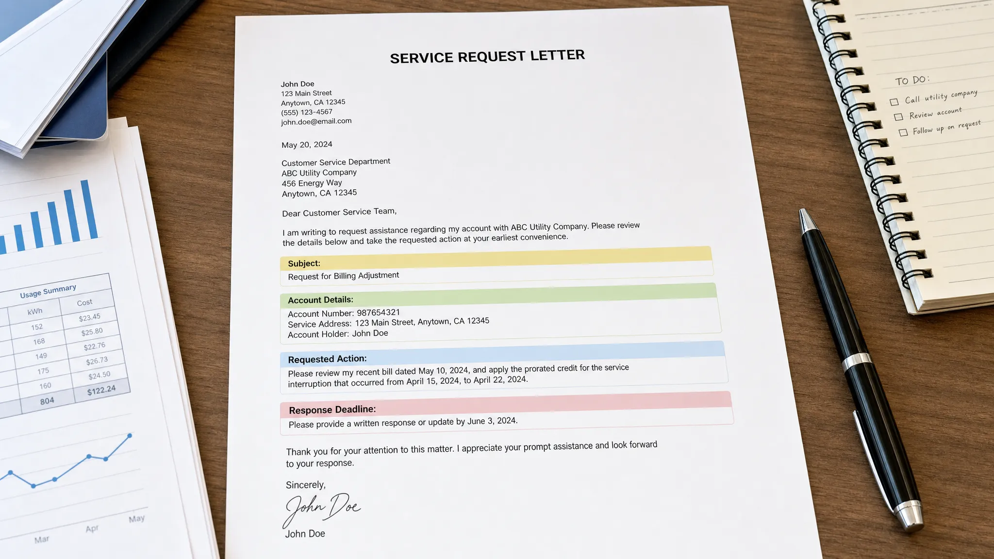 A neatly organized service request letter printed on a desk with highlighted sections for subject, account details, requested action, and response deadline, alongside a pen and supporting papers.