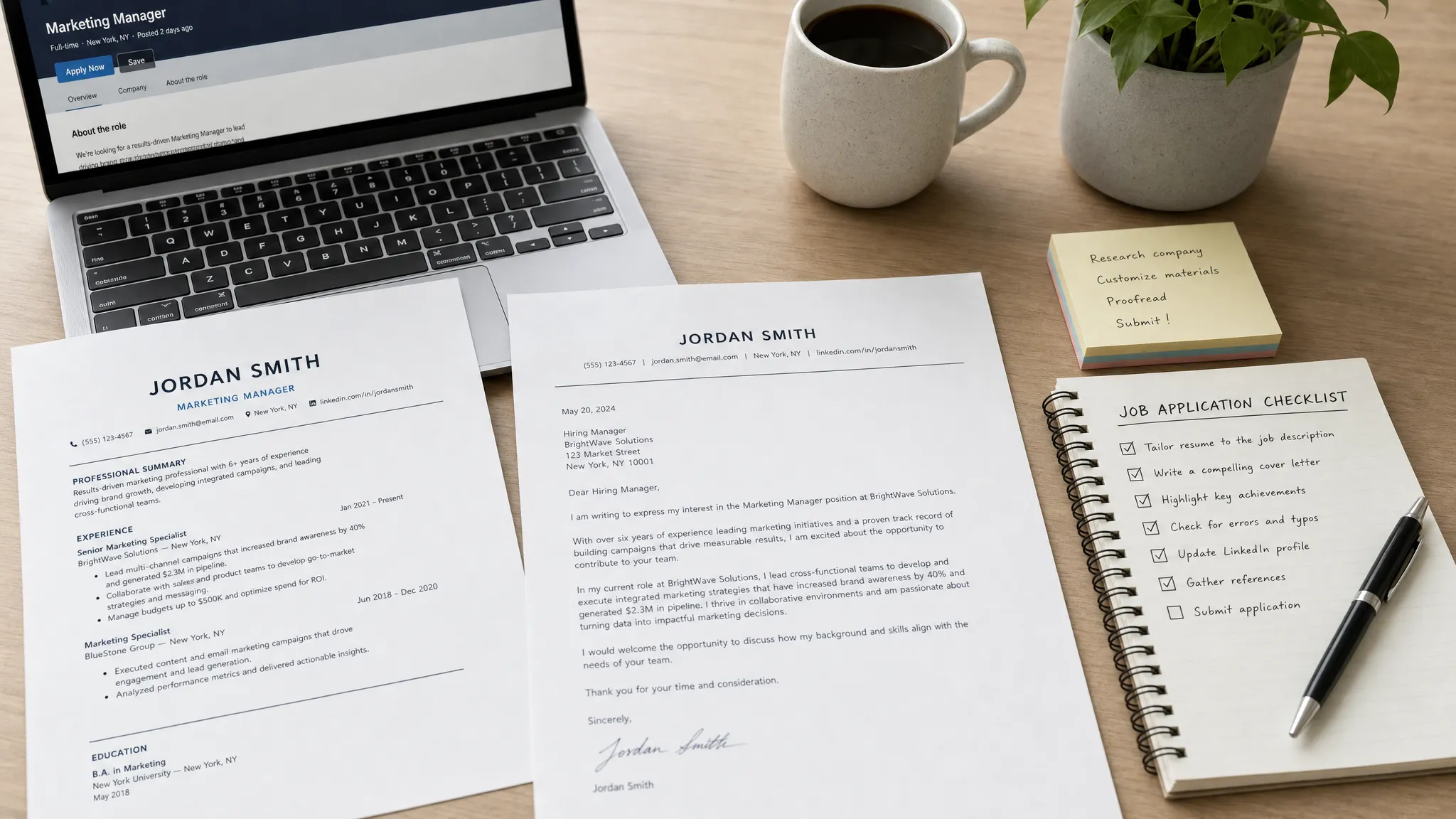 A neat workspace with a printed resume, a cover letter draft, a checklist, and a pen beside a laptop, showing a focused job application review process.