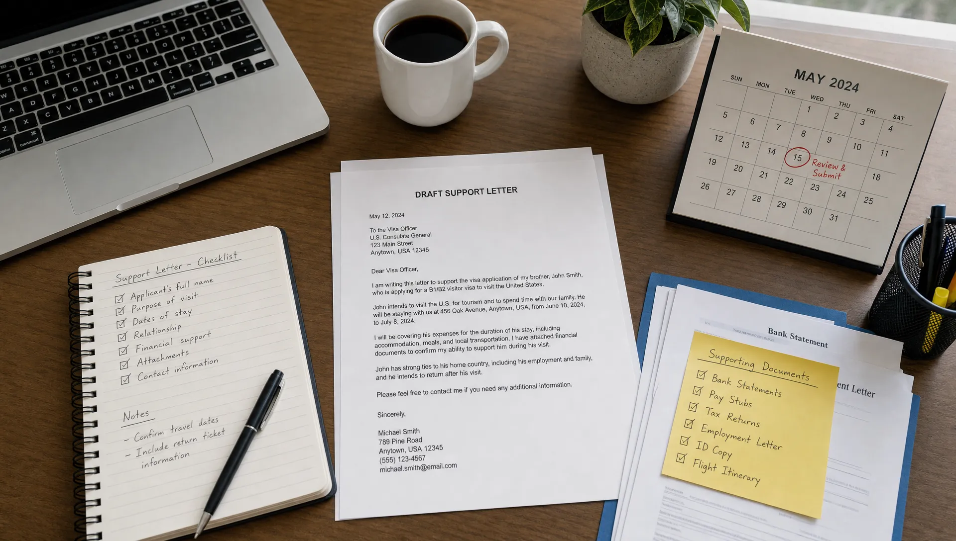 A neatly organized home office table with a draft support letter, handwritten notes, a calendar, and supporting documents arranged for review before submission.