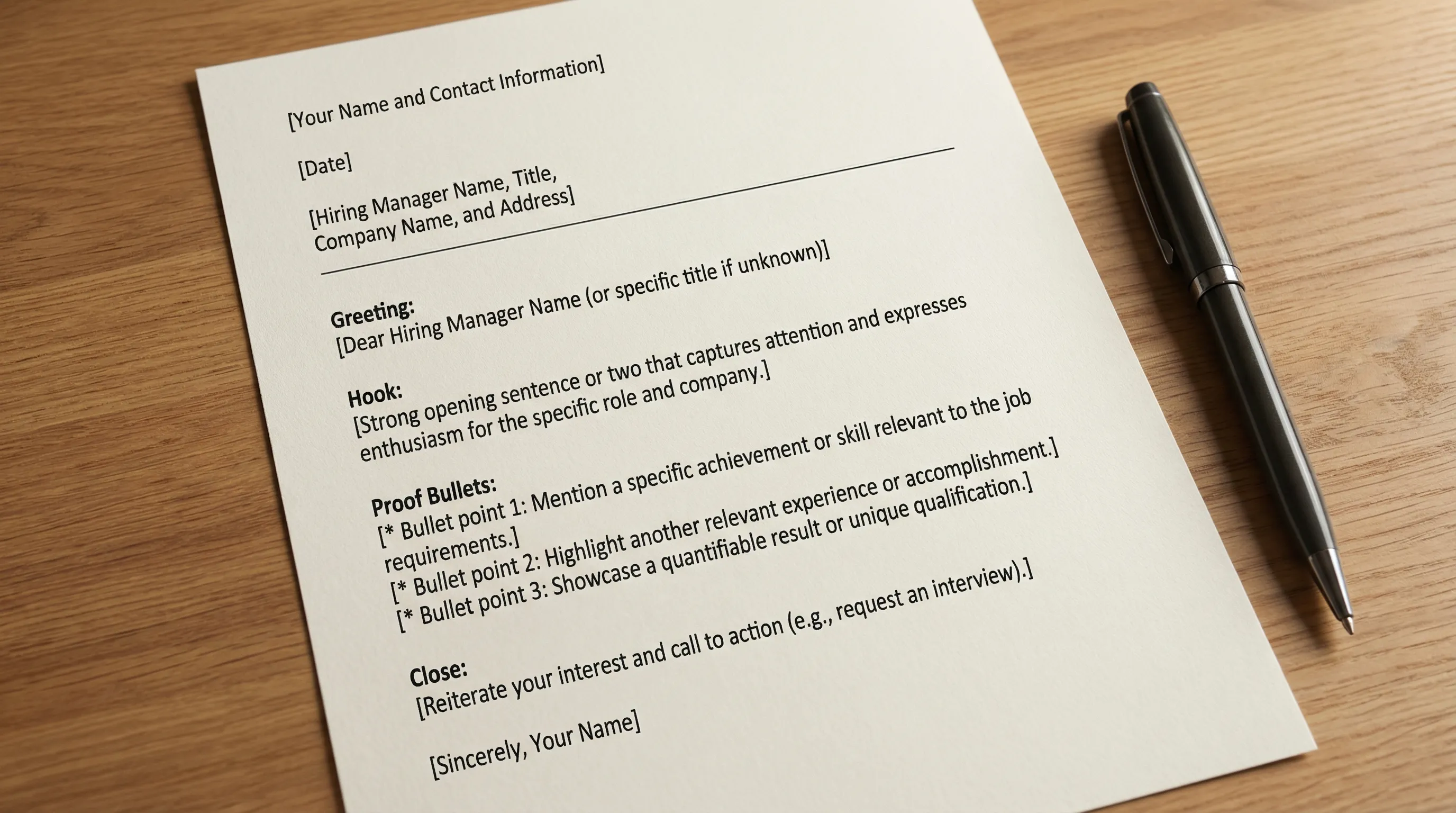A simple cover letter layout on a clean page with labeled sections (header, greeting, hook, proof bullets, close) and placeholder brackets to indicate what to customize.