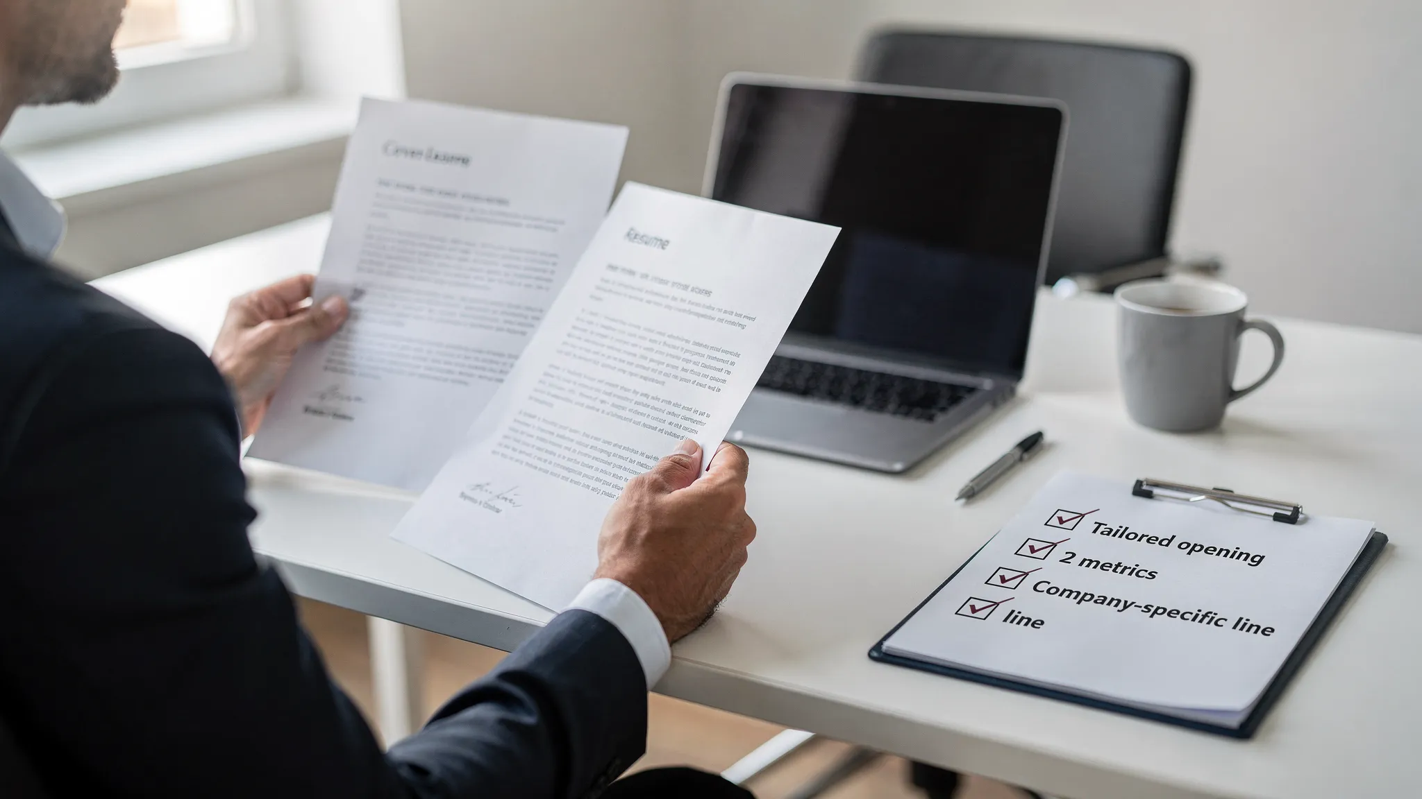 A job seeker at a desk holding a printed cover letter and a resume, with a checklist beside them showing “Tailored opening,” “2 metrics,” and “Company-specific line,” in a calm professional setting.