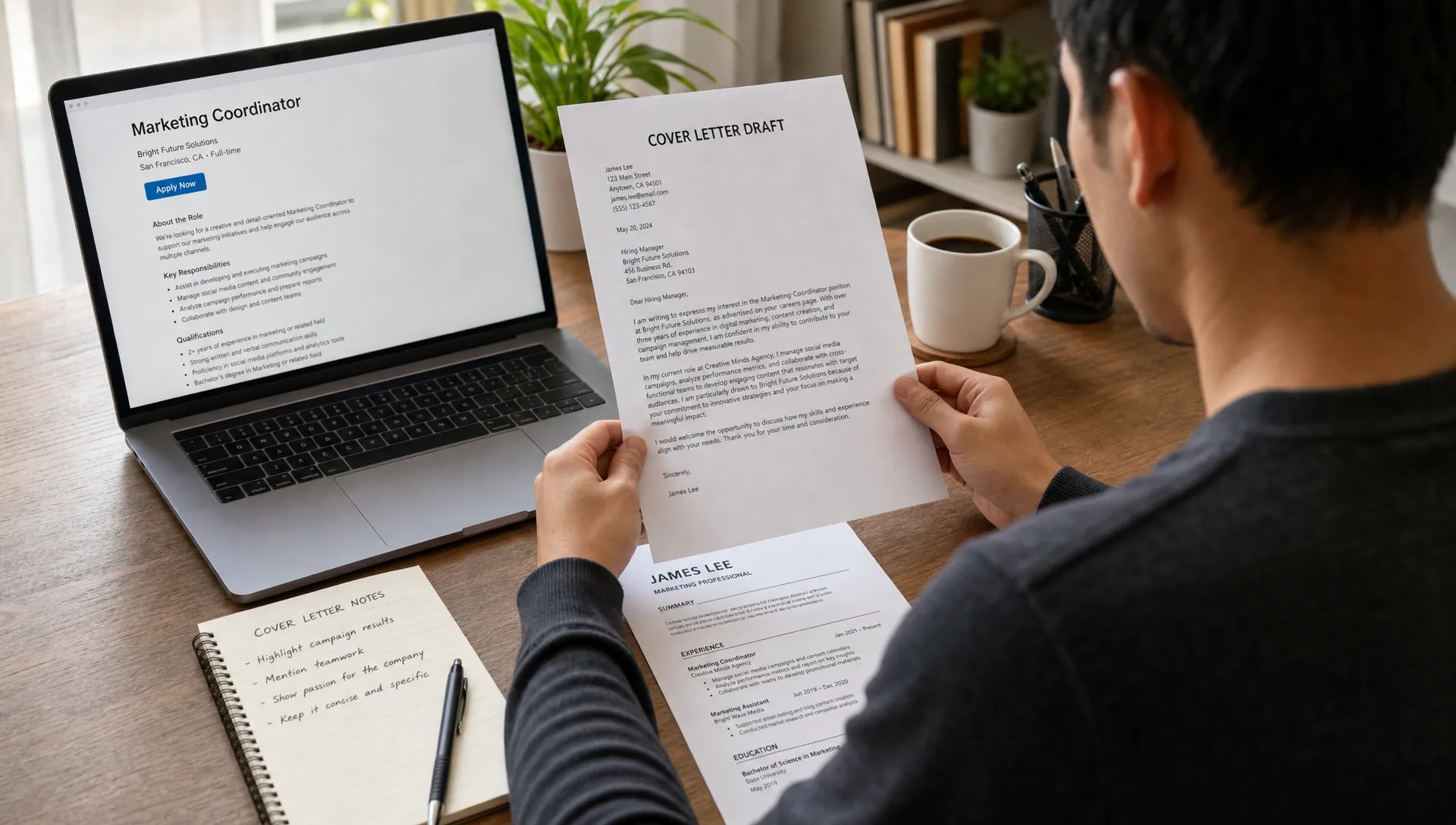 A job seeker reviewing a printed cover letter draft beside a laptop, with notes, a resume, and a job posting on the desk, viewed from over the shoulder in a tidy home workspace.