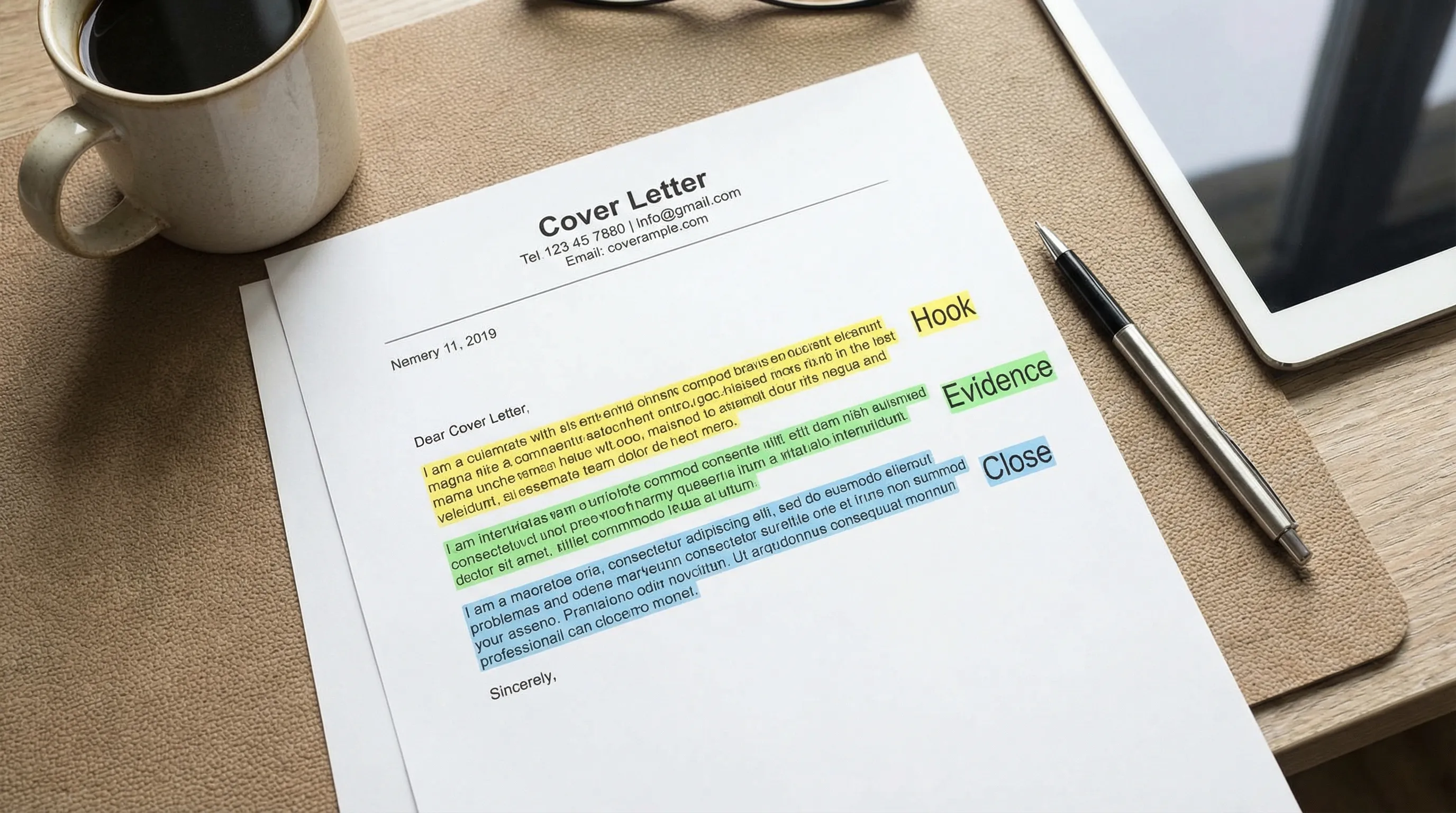 A clean, scannable cover letter layout on a desk with three highlighted sections labeled Hook, Evidence, and Close. The letter has short paragraphs, clear spacing, and a simple header area.