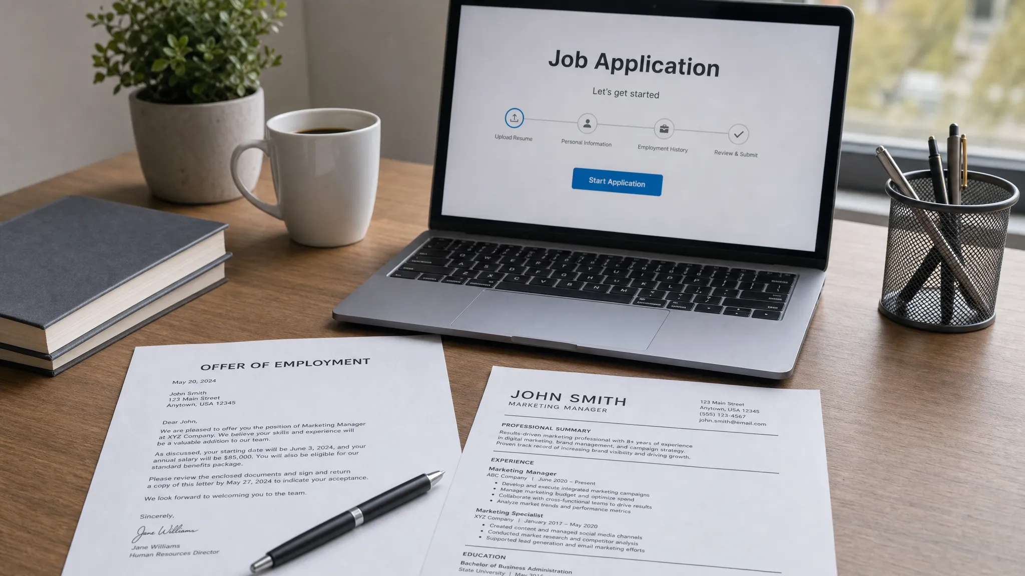A tidy desk with a professional job letter, a pen, a resume, and a laptop showing a simple job application page, arranged in a calm and organized workspace.