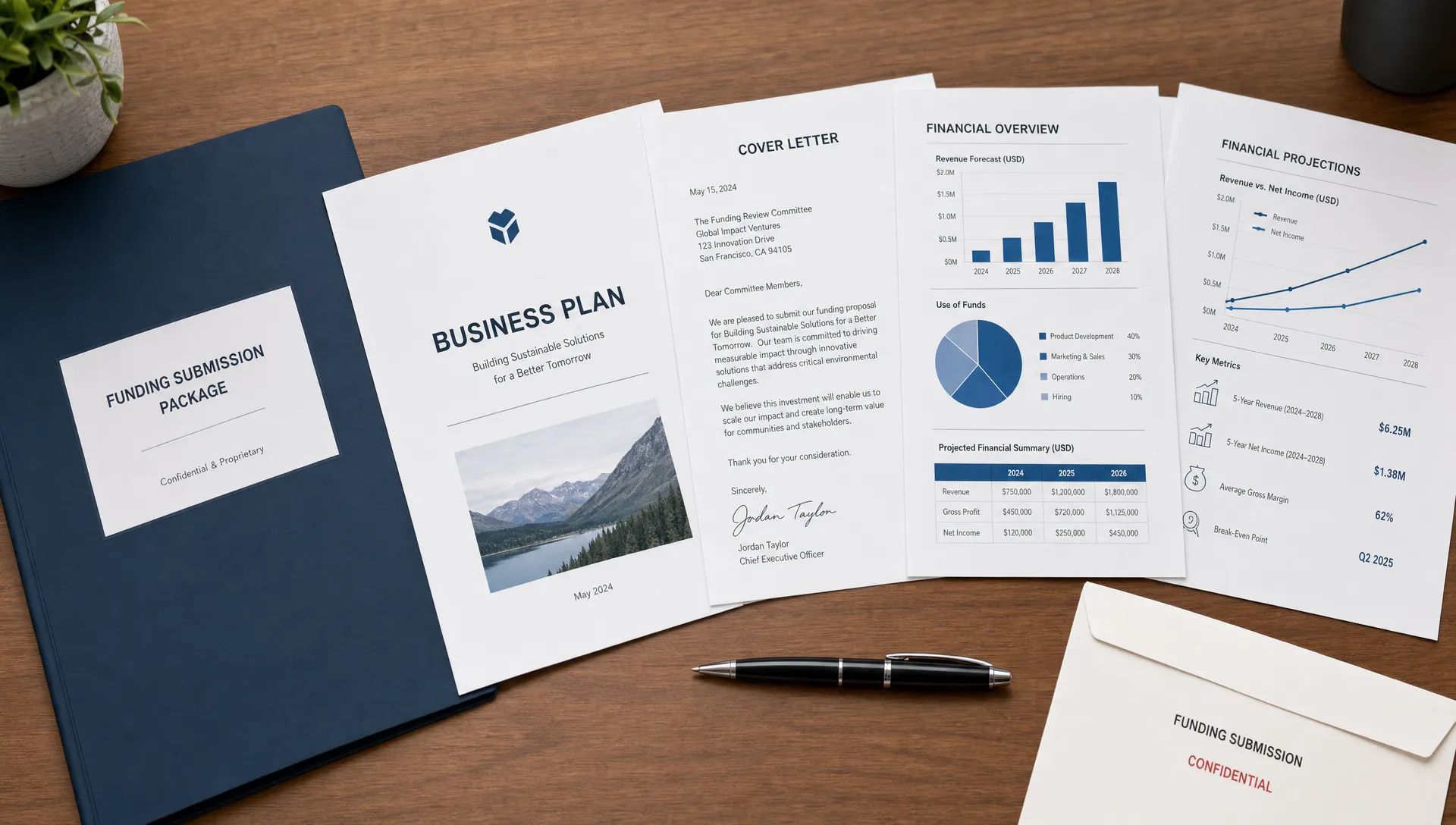 A neatly arranged business plan, a signed cover letter, financial charts, and a pen on a desk, with the documents fanned out beside a folder and envelope, showing a polished funding submission package ready for review.