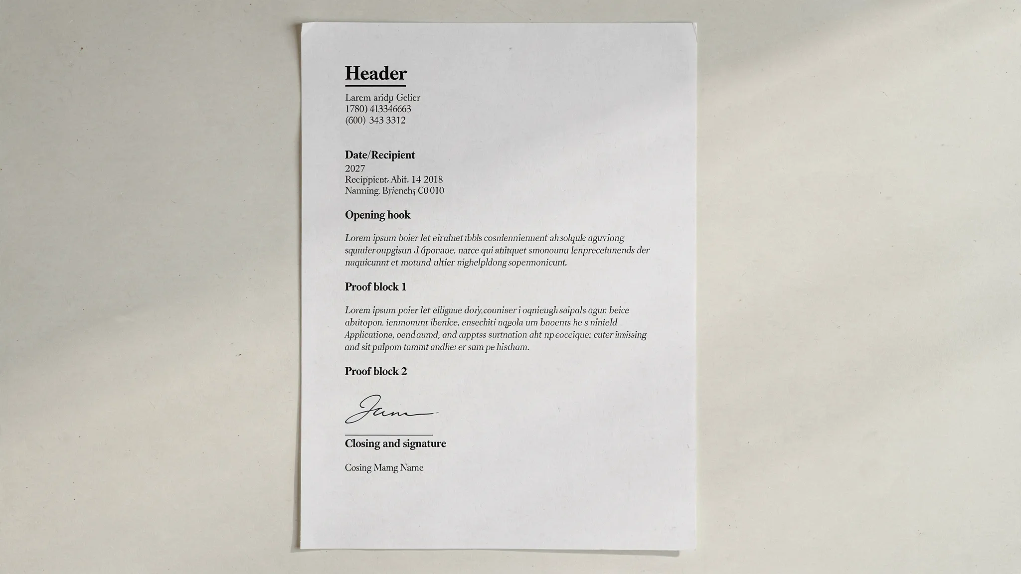 A clean, one-page application letter layout with labeled sections: Header, Date/Recipient, Opening hook, Proof block 1, Proof block 2, Closing and signature. The page looks like a professional document on white paper.