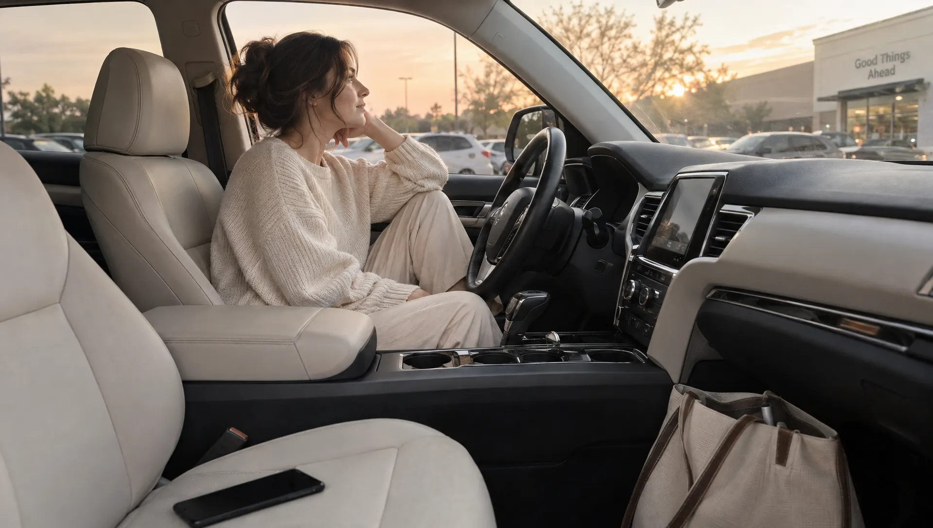 An adult woman pauses in her parked car after work with her phone face down on the passenger seat.